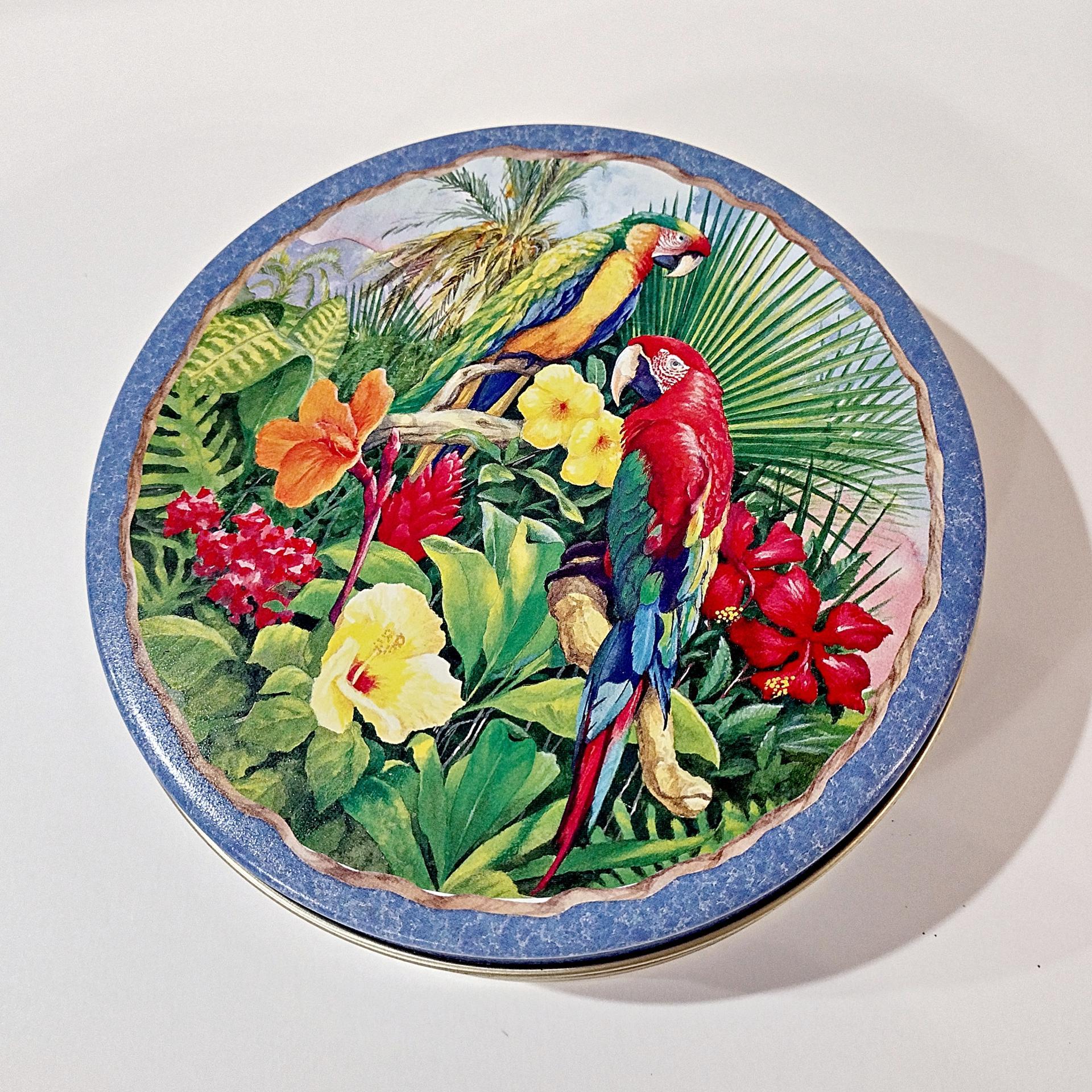 Vintage 1997 Indecco Round Parrot Tin, Colorful Bird Metal Storage Container