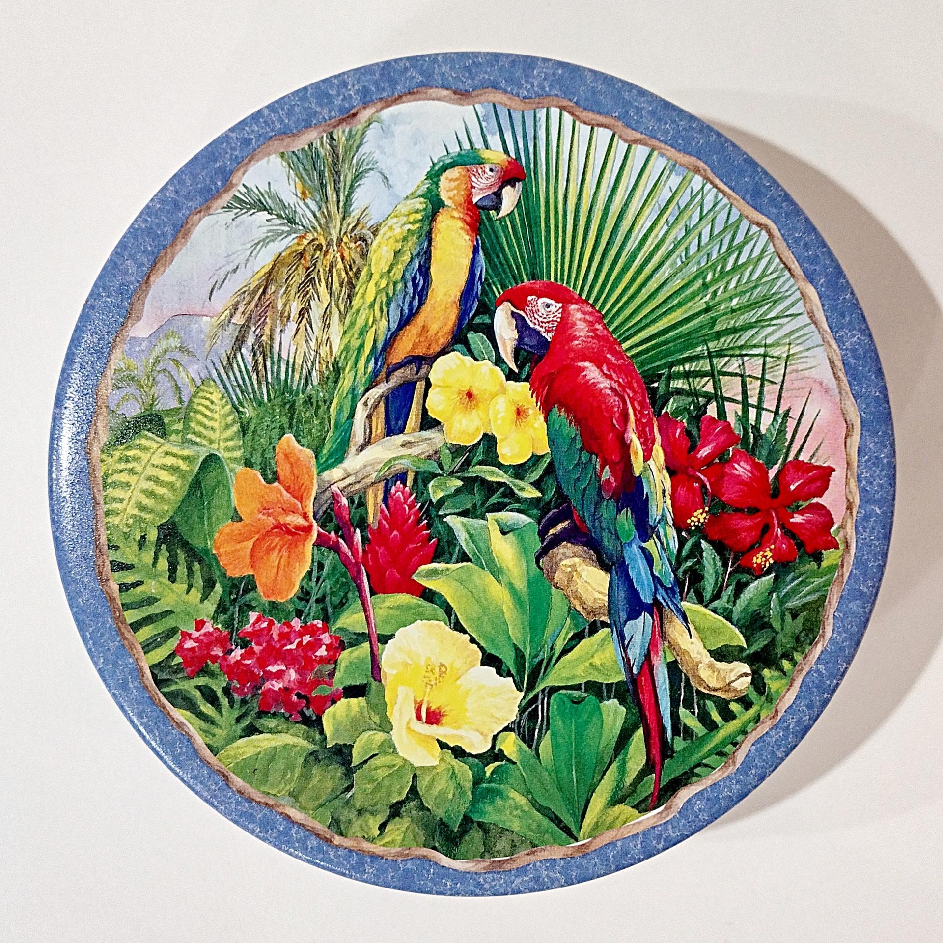 Vintage 1997 Indecco Round Parrot Tin, Colorful Bird Metal Storage Container