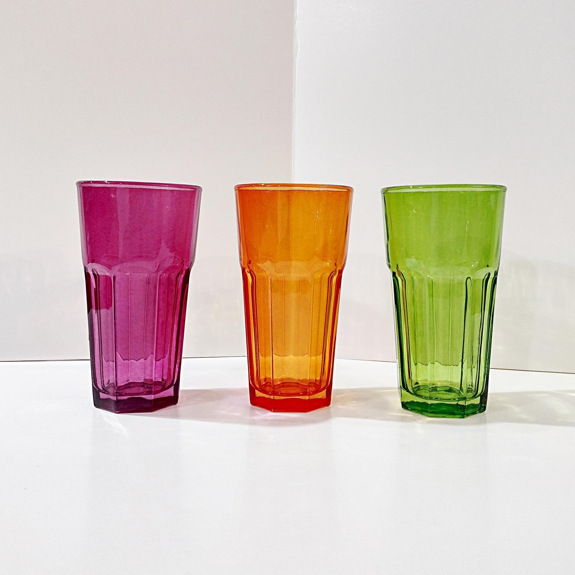 Vintage Jewel Tone Glass 16 Ounce Tumblers, Set of Three, Purple Orange Green Drinking Glasses