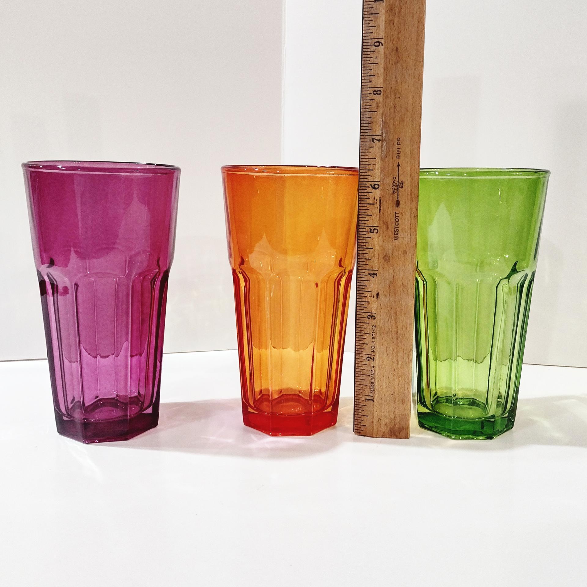 Vintage Jewel Tone Glass 16 Ounce Tumblers, Set of Three, Purple Orange Green Drinking Glasses