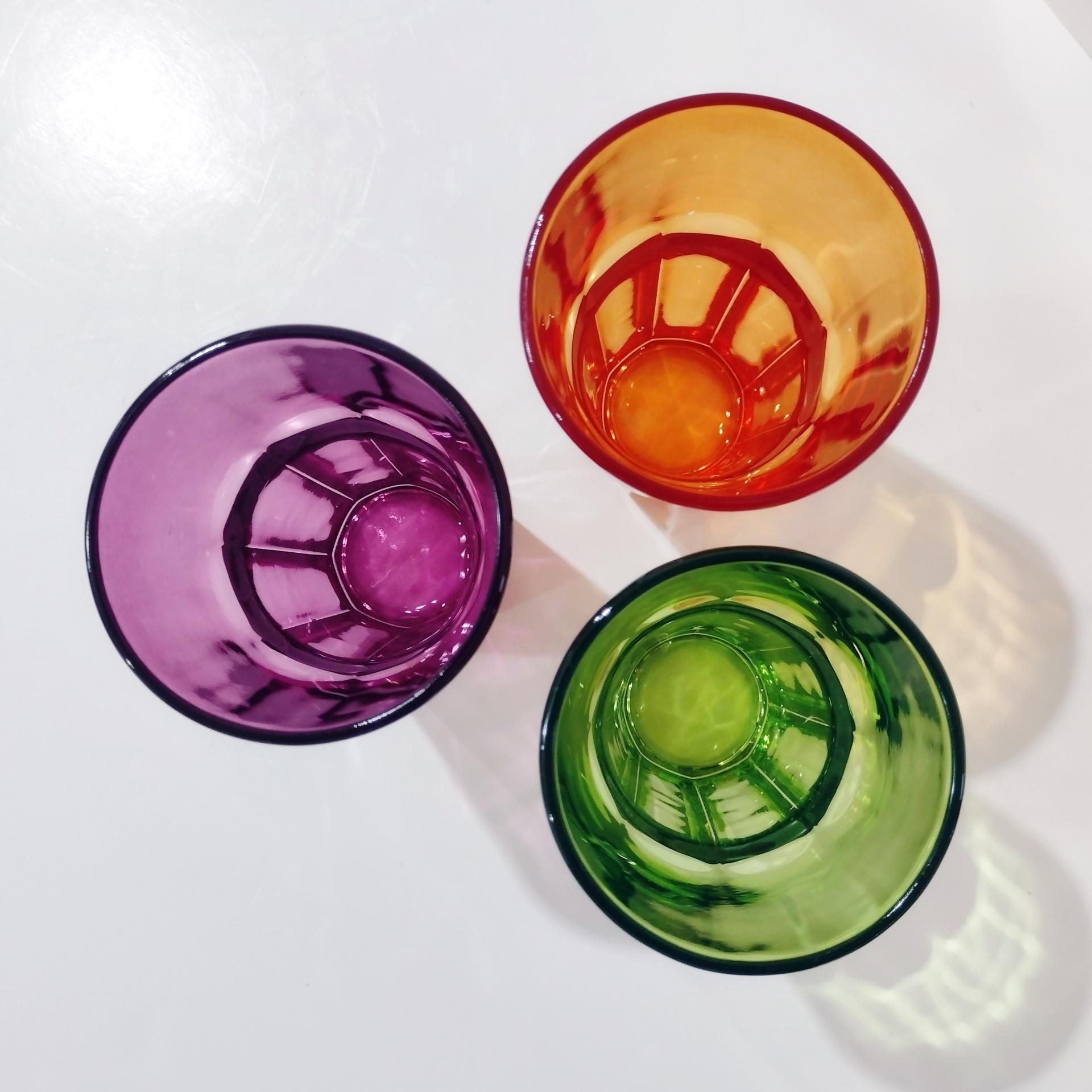 Vintage Jewel Tone Glass 16 Ounce Tumblers, Set of Three, Purple Orange Green Drinking Glasses