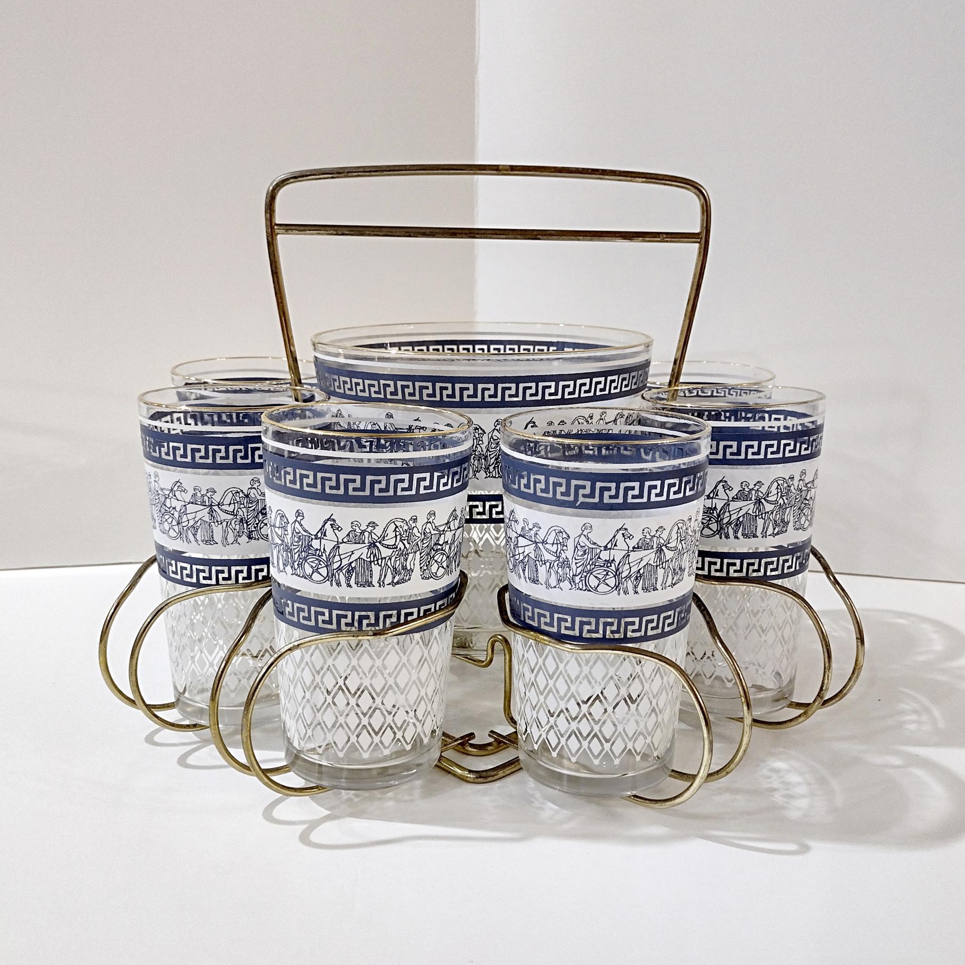 Vintage Jeanette Patrician Blue Highball Glasses and Ice Bucket Set with Caddy, Complete MCM Cocktail Set of 8