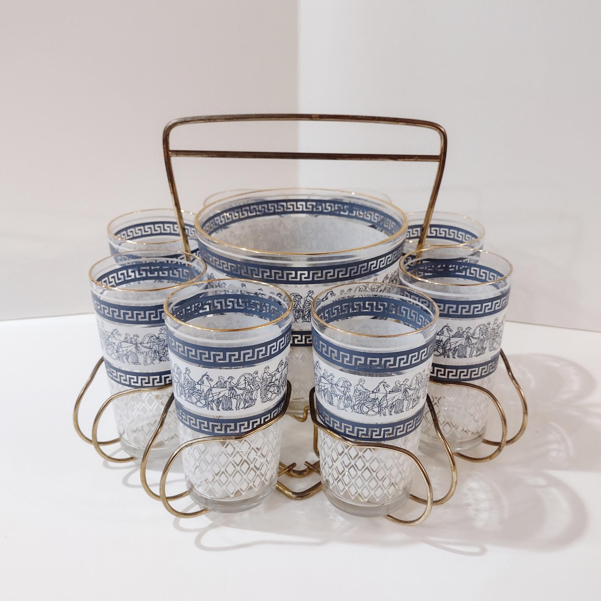 Vintage Jeanette Patrician Blue Highball Glasses and Ice Bucket Set with Caddy, Complete MCM Cocktail Set of 8