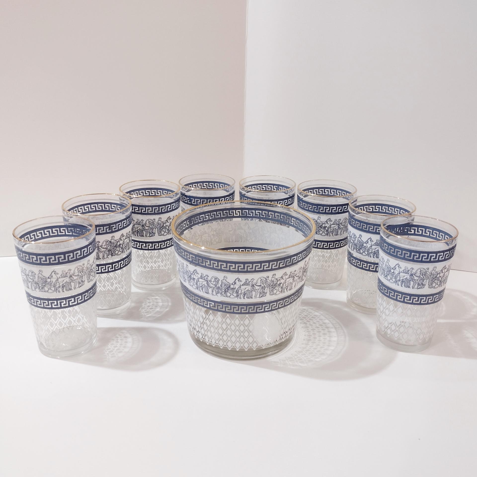 Vintage Jeanette Patrician Blue Highball Glasses and Ice Bucket Set with Caddy, Complete MCM Cocktail Set of 8