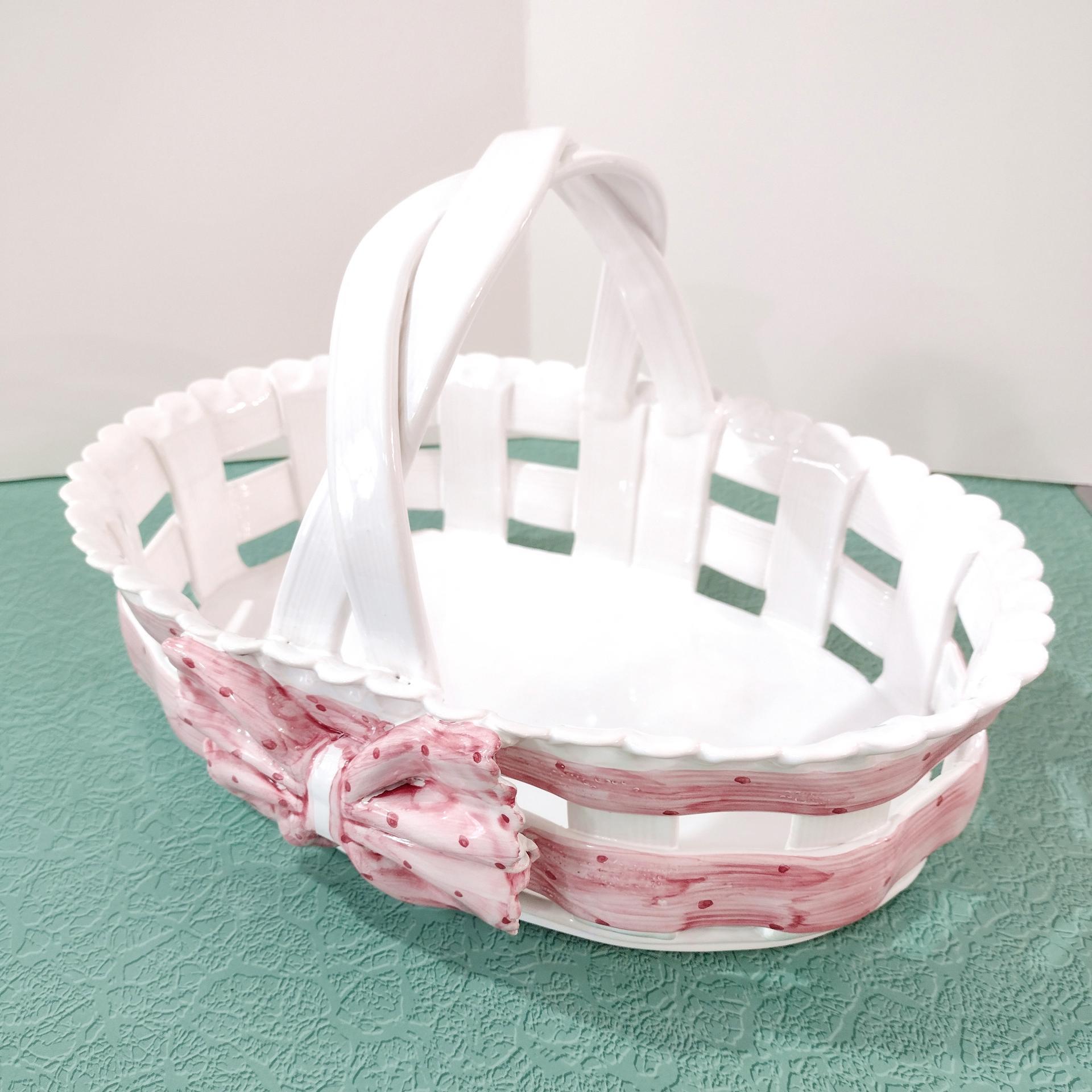 Vintage Ceramic Woven Basket with Pink Band and Bow, Bread Basket, Easter Basket, Decorative Letter Catch All Pottery