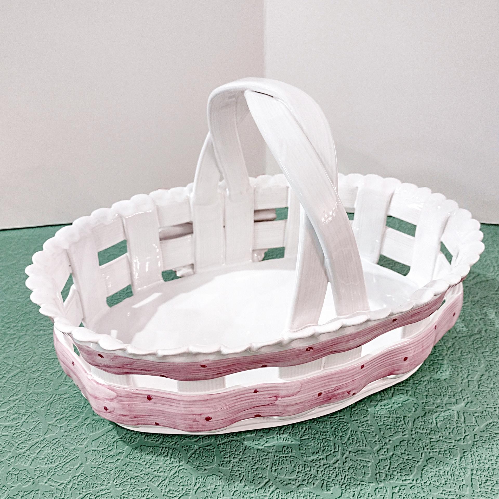 Vintage Ceramic Woven Basket with Pink Band and Bow, Bread Basket, Easter Basket, Decorative Letter Catch All Pottery