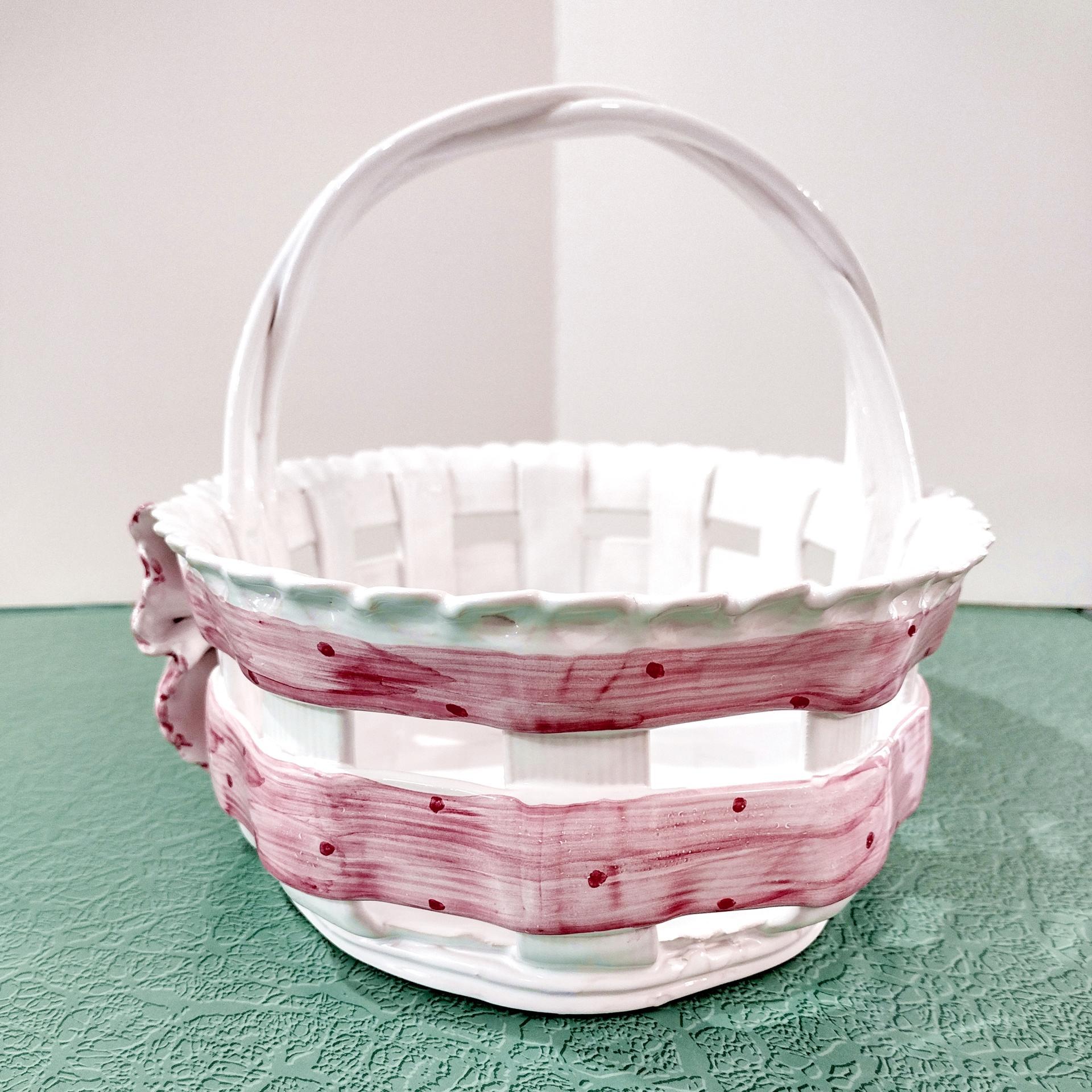 Vintage Ceramic Woven Basket with Pink Band and Bow, Bread Basket, Easter Basket, Decorative Letter Catch All Pottery