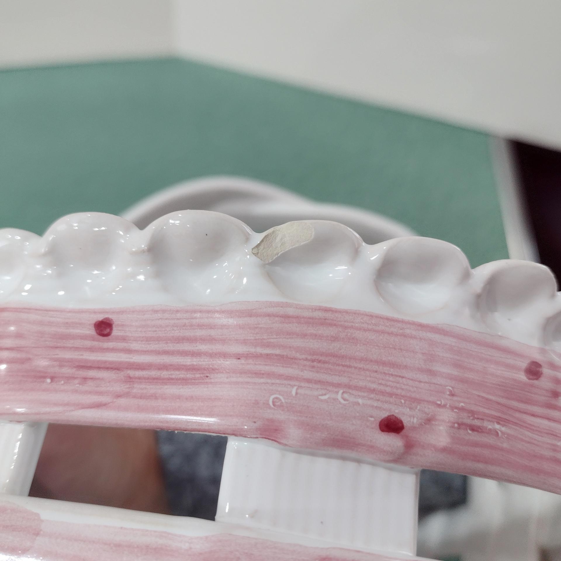 Vintage Ceramic Woven Basket with Pink Band and Bow, Bread Basket, Easter Basket, Decorative Letter Catch All Pottery