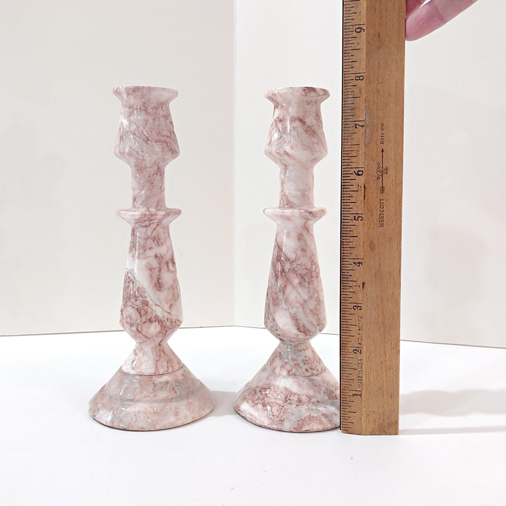 Vintage Pink and White Onyx Marble Carved Candle Stick Holders, Set of Two, Taper Candlestick Holders