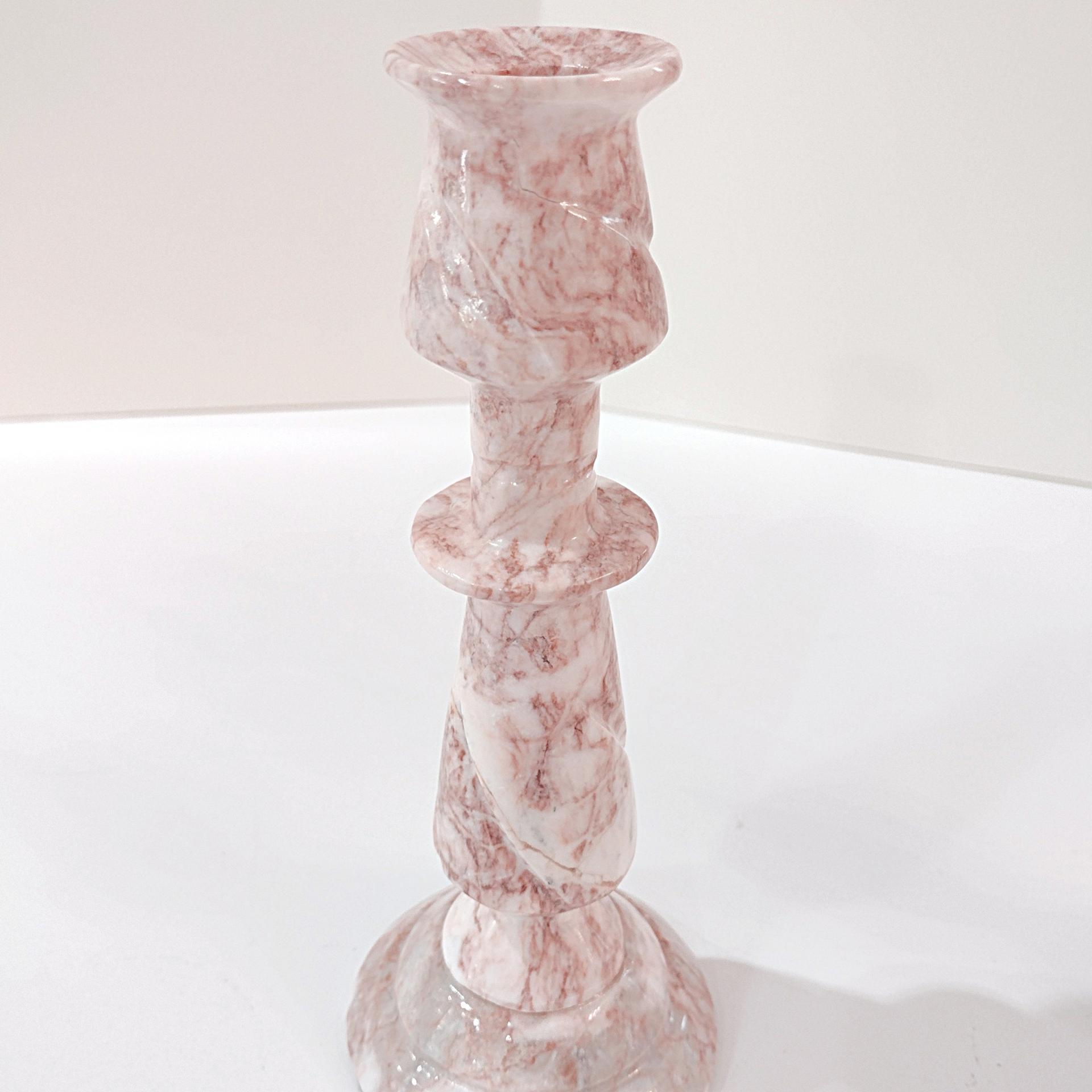 Vintage Pink and White Onyx Marble Carved Candle Stick Holders, Set of Two, Taper Candlestick Holders