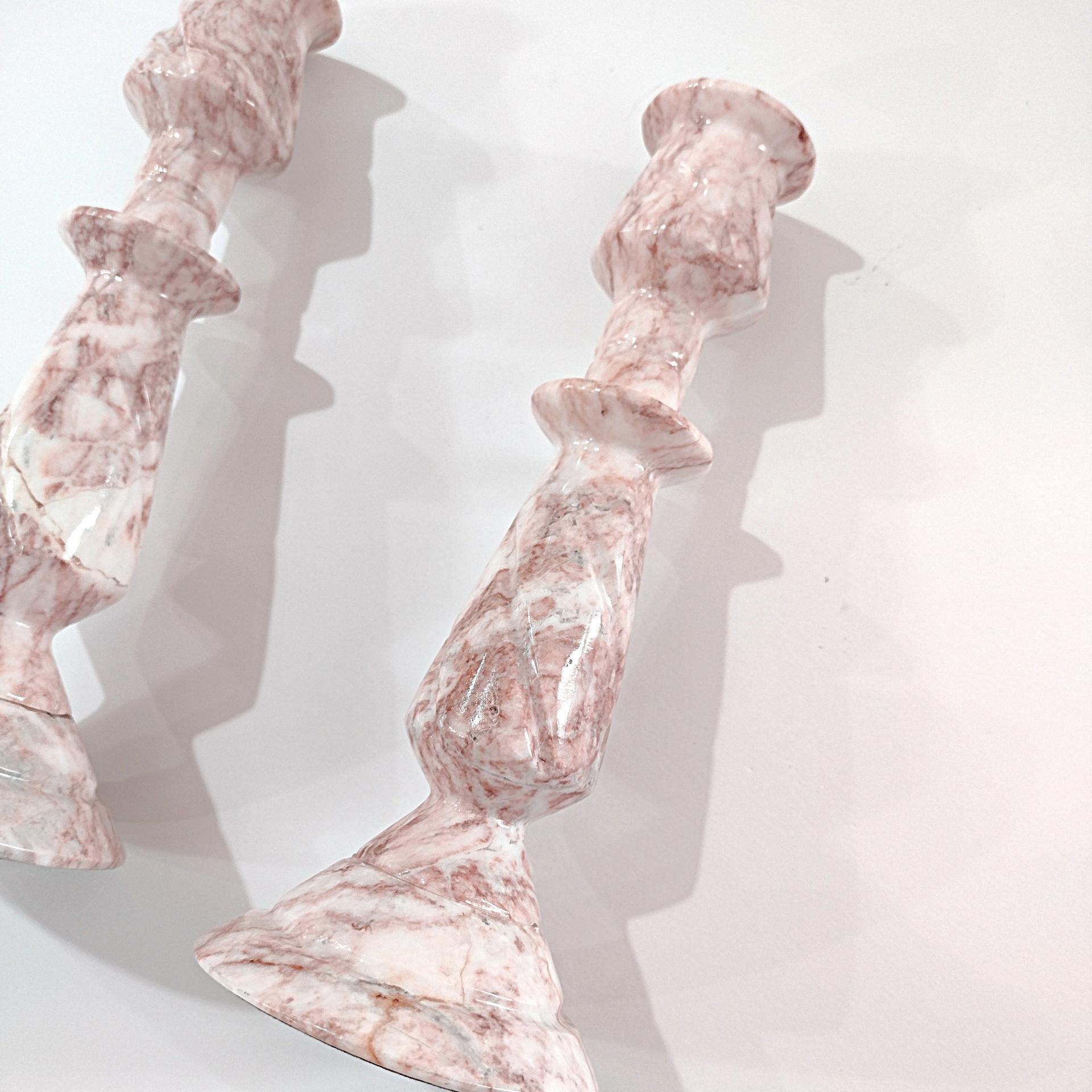 Vintage Pink and White Onyx Marble Carved Candle Stick Holders, Set of Two, Taper Candlestick Holders
