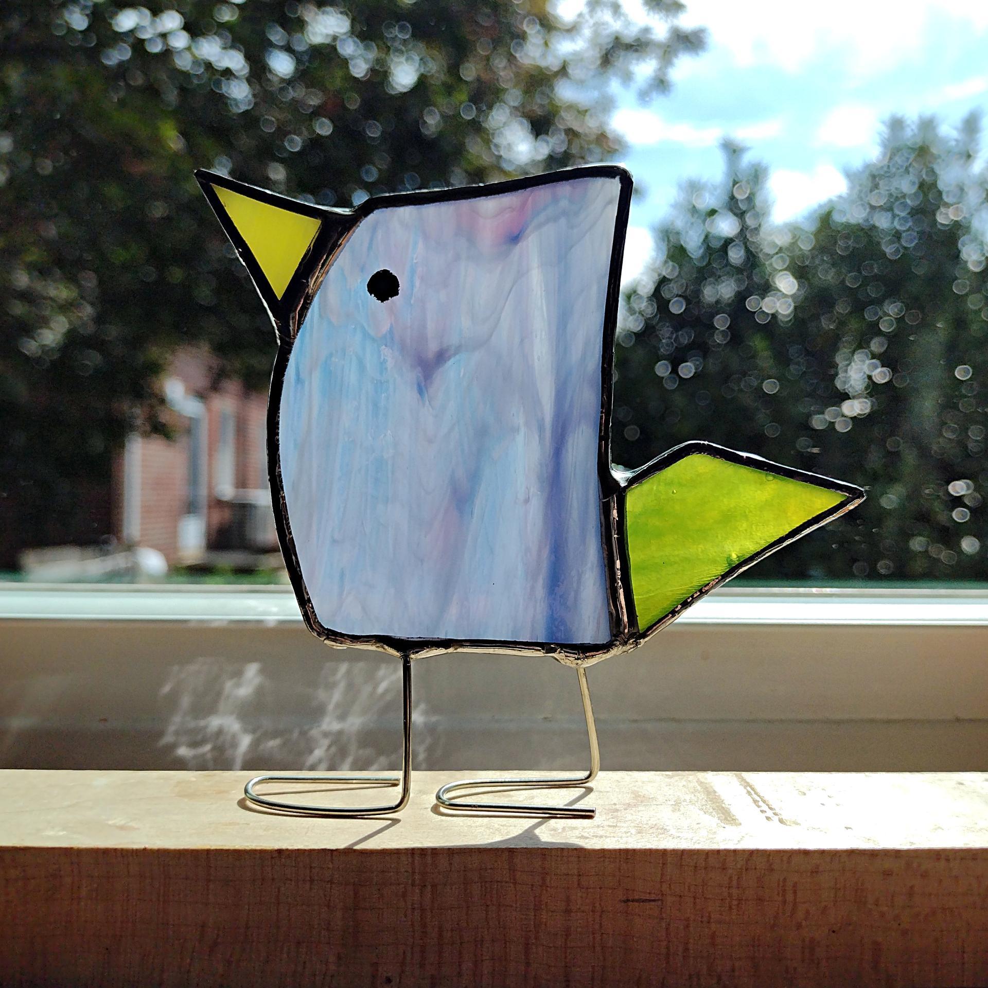 Stained Glass Standing Bird, Funky Glass Bird, Purple and Green Bird Suncatcher, Windowsill Sitter