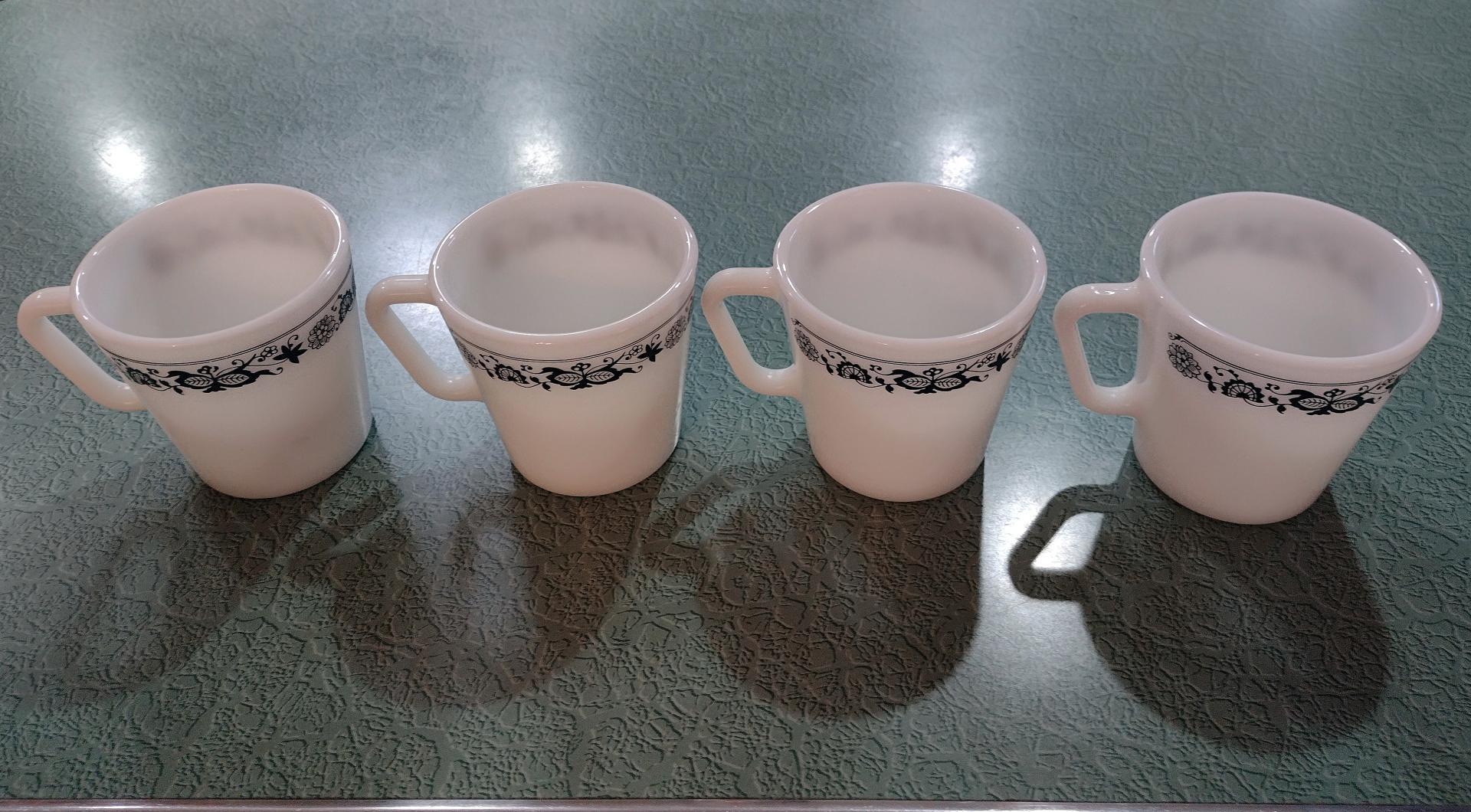 Set of 4 Vintage Pyrex Old Town Blue D Handle Mugs, #1410 Design