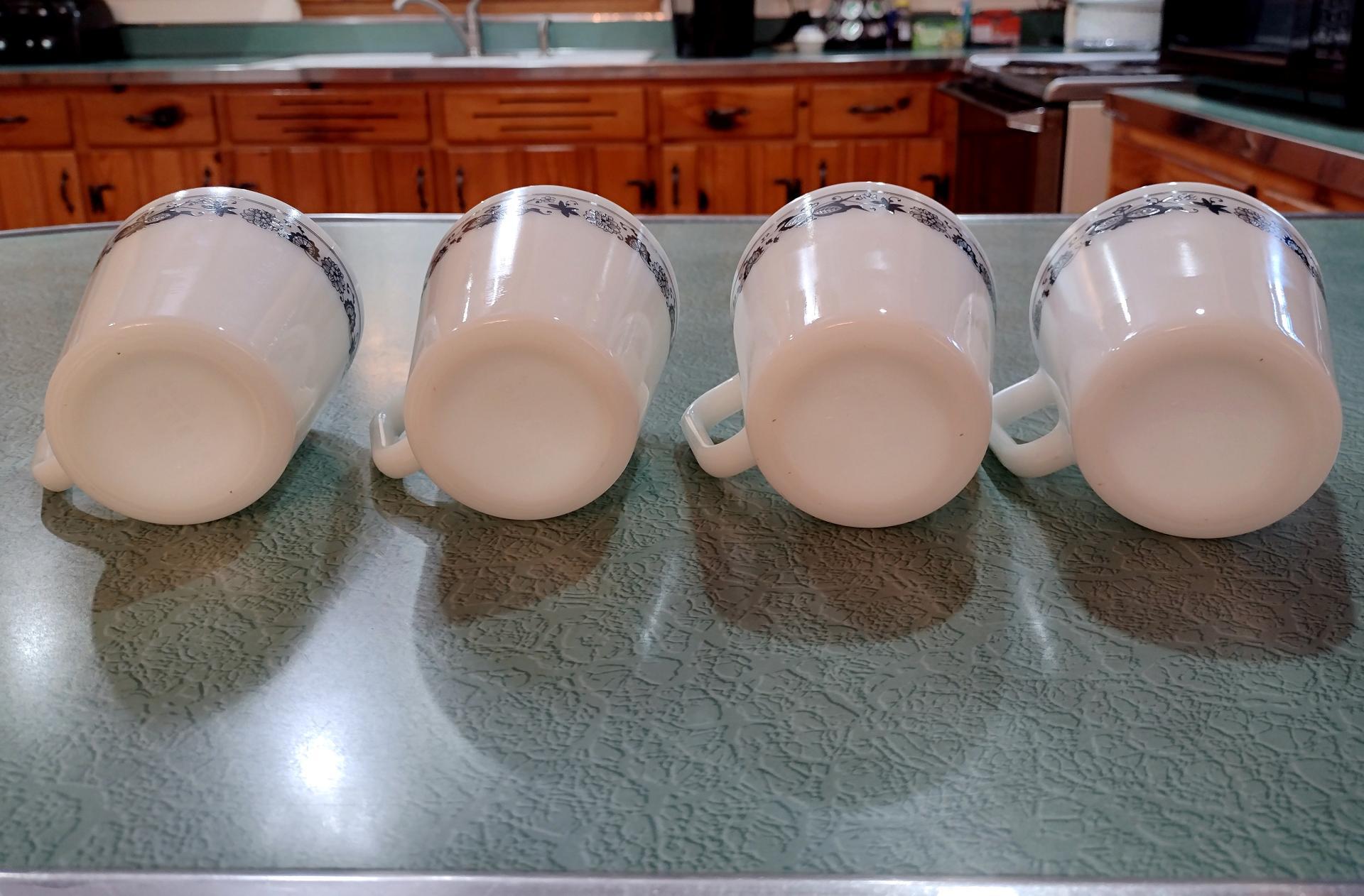 Set of 4 Vintage Pyrex Old Town Blue D Handle Mugs, #1410 Design