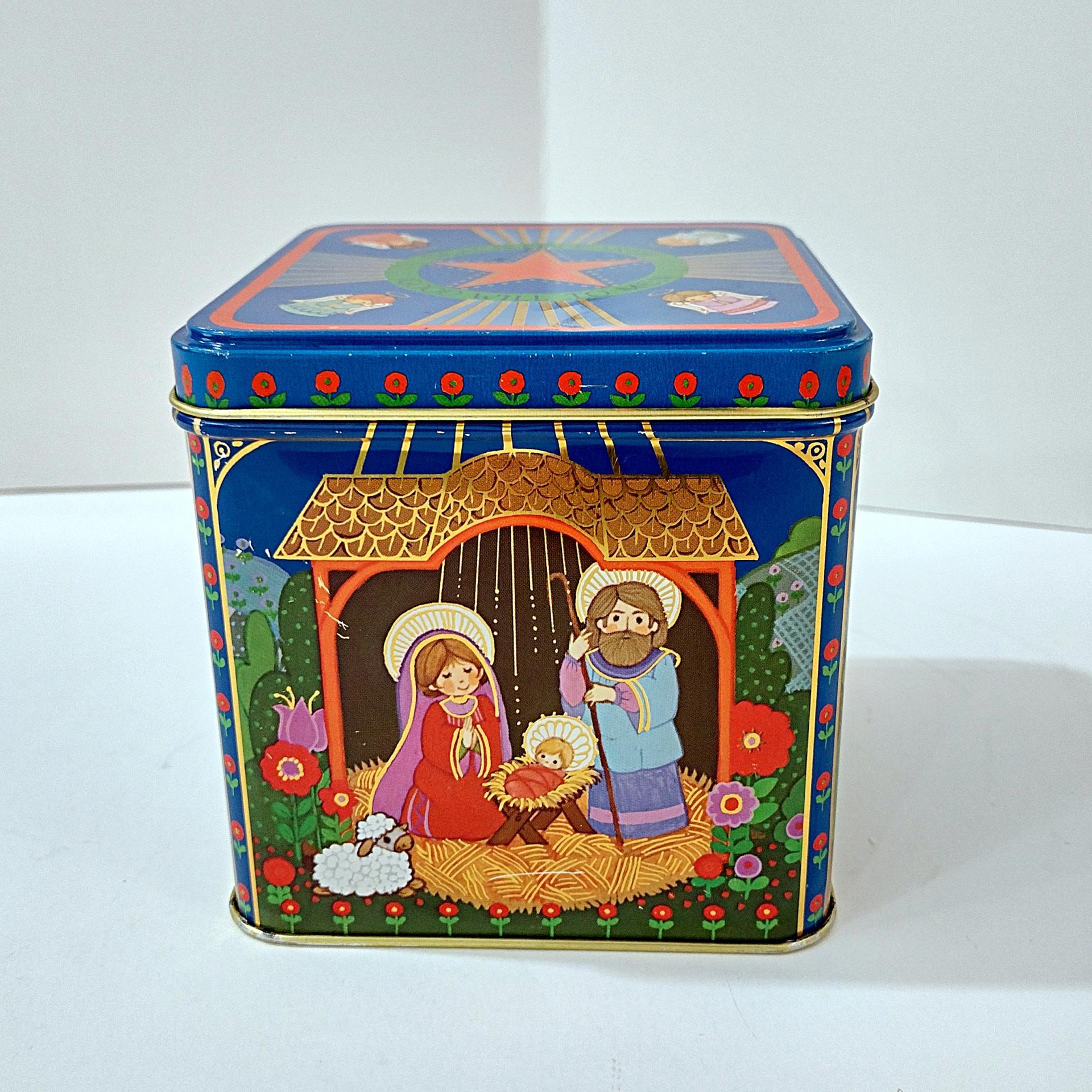Vintage Hallmark Peace On Earth Square Metal Tin Box Storage Container, Christmas Manger Scene Tin