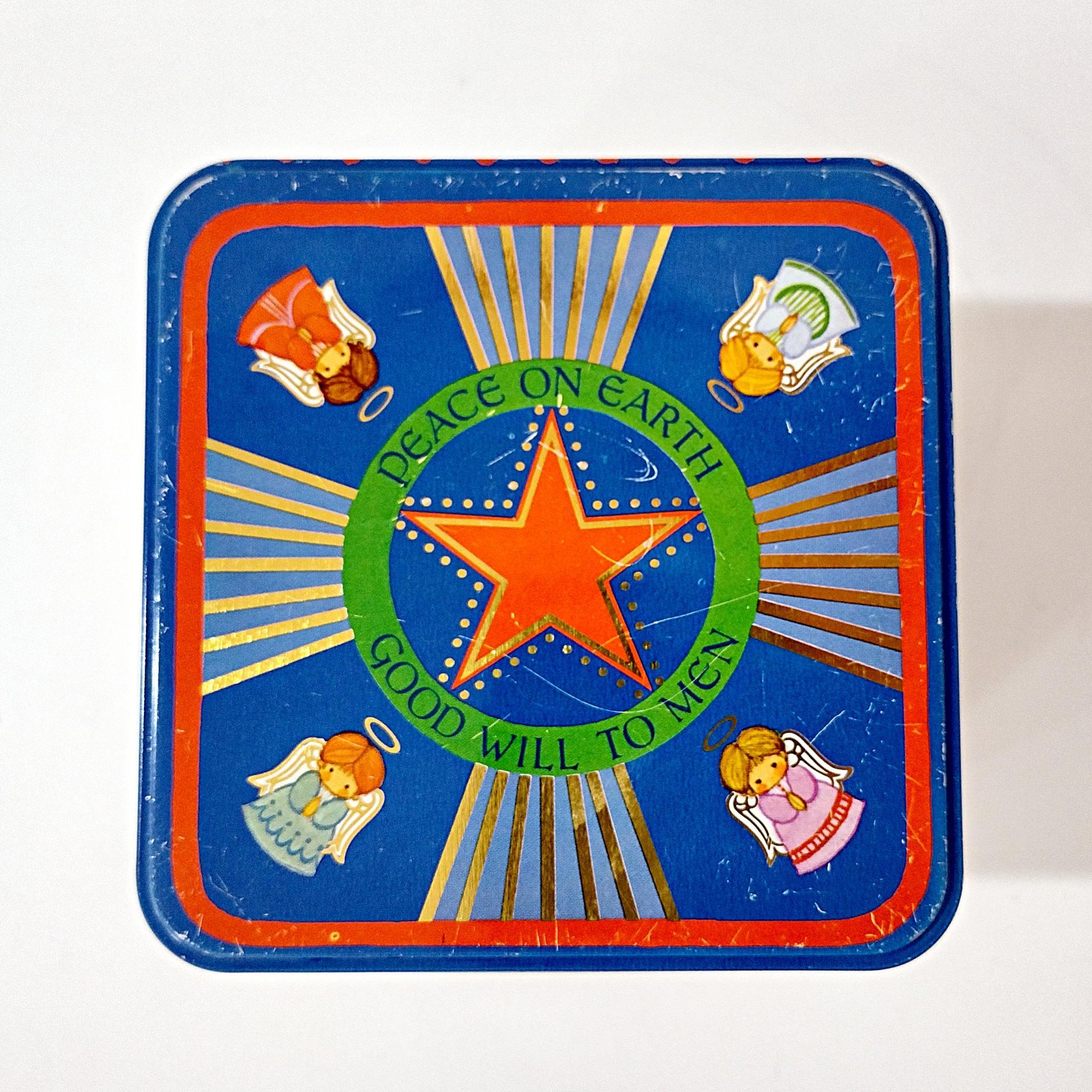 Vintage Hallmark Peace On Earth Square Metal Tin Box Storage Container, Christmas Manger Scene Tin