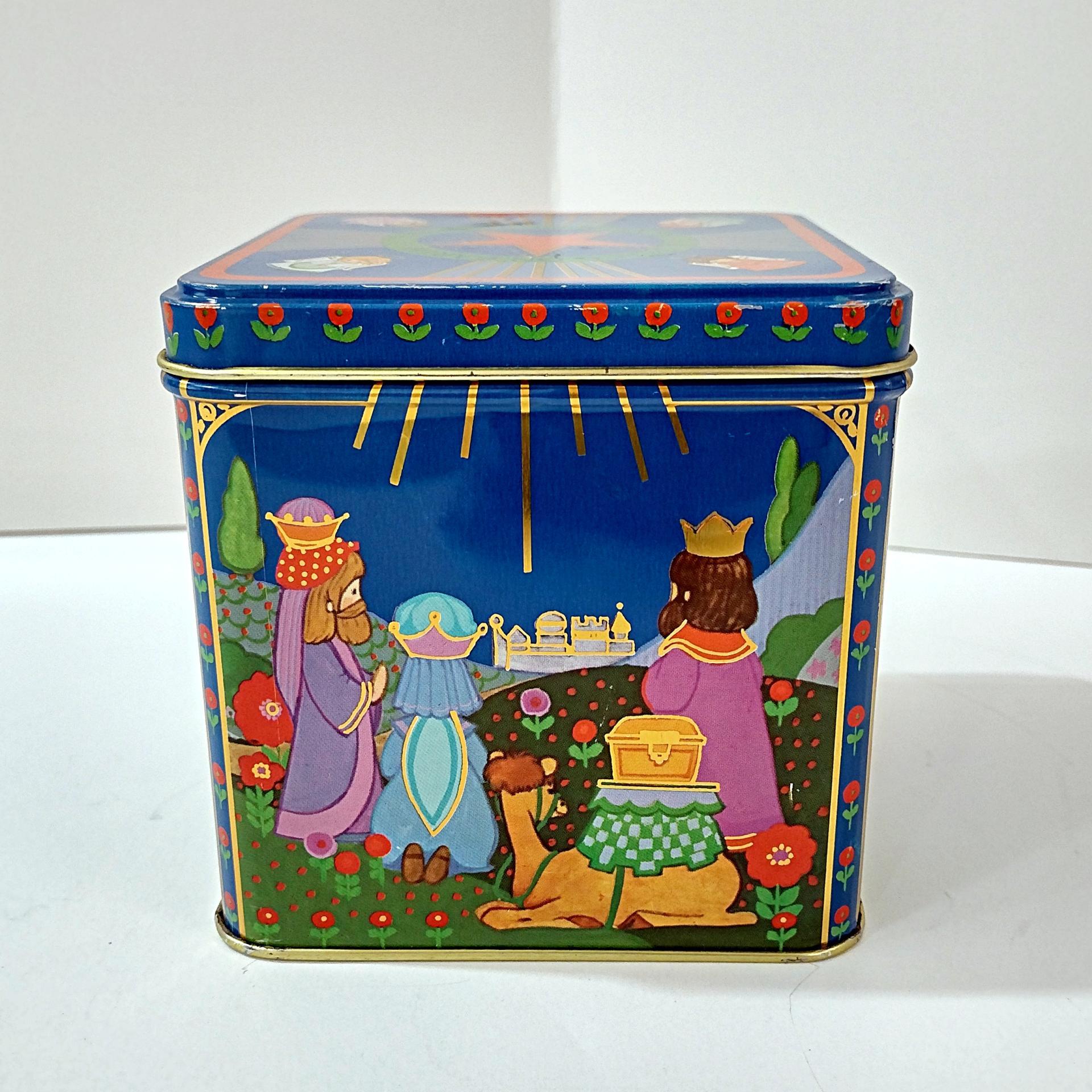 Vintage Hallmark Peace On Earth Square Metal Tin Box Storage Container, Christmas Manger Scene Tin