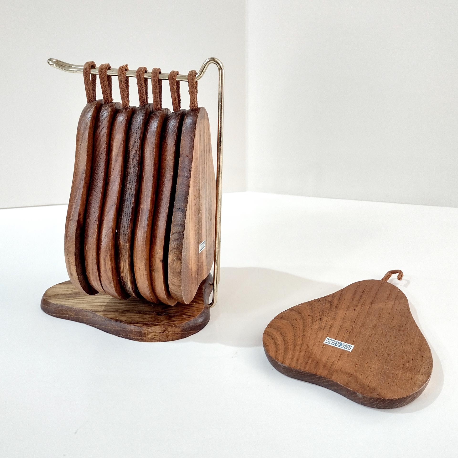 Vintage Wooden Pear Shaped Cork Coasters with Stand Holder, Set of 8