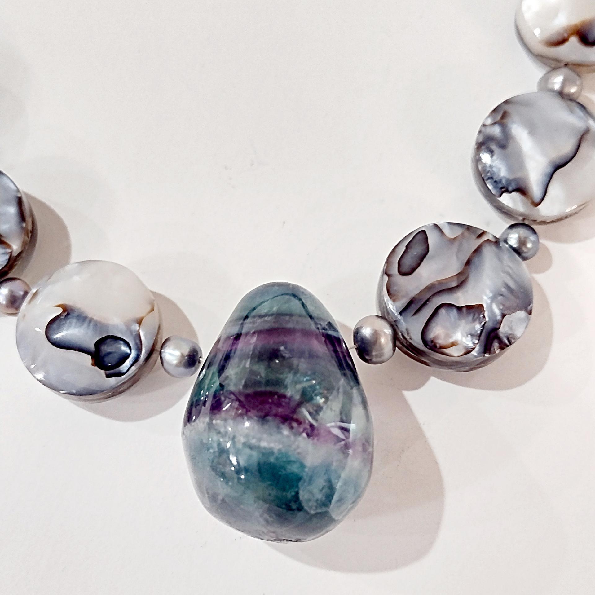 Vintage Rainbow Fluorite and Mother of Pearl Necklace