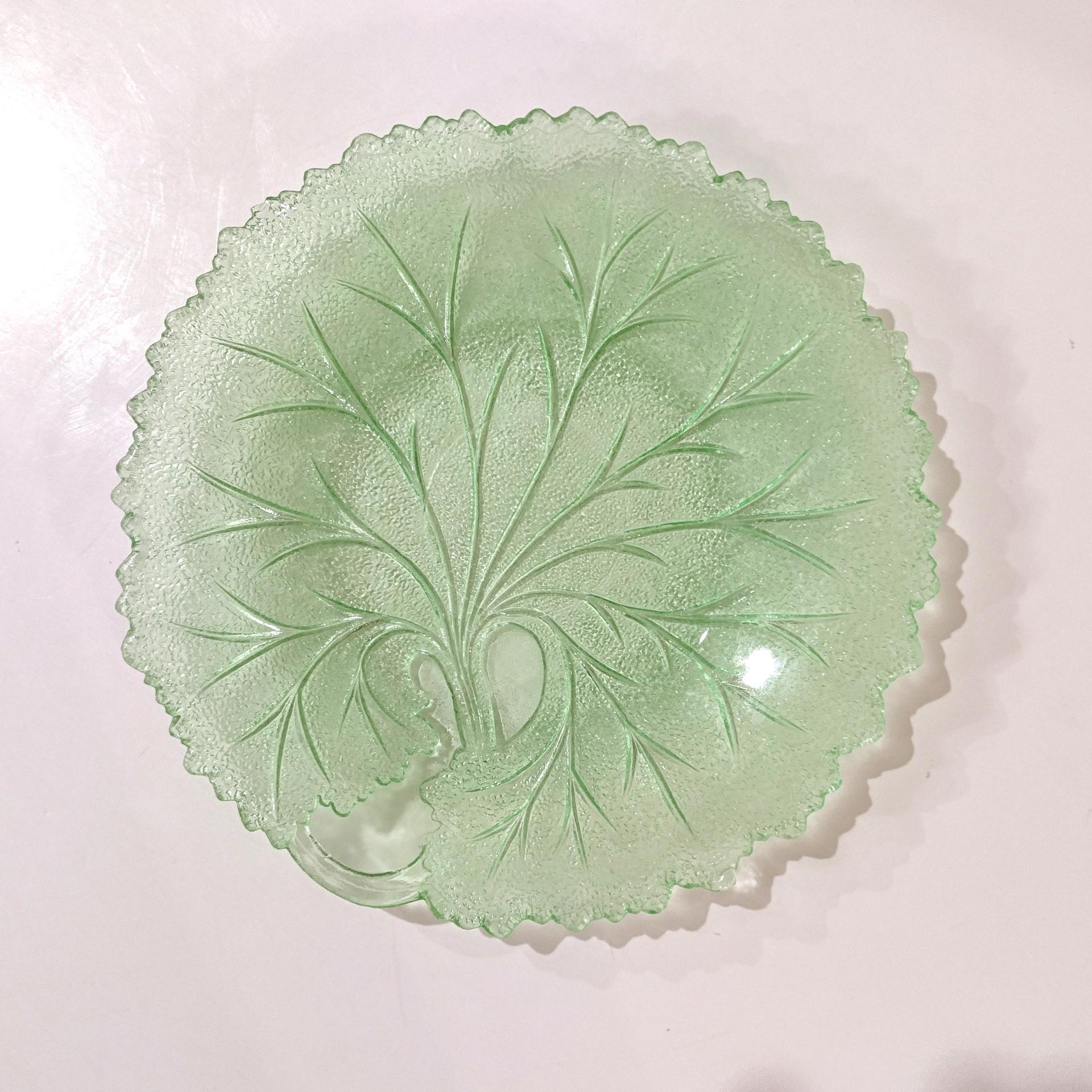 Vintage Indiana Uranium Glass Pebble Leaf Luncheon Salad Plate, Green Depression Glass Plate