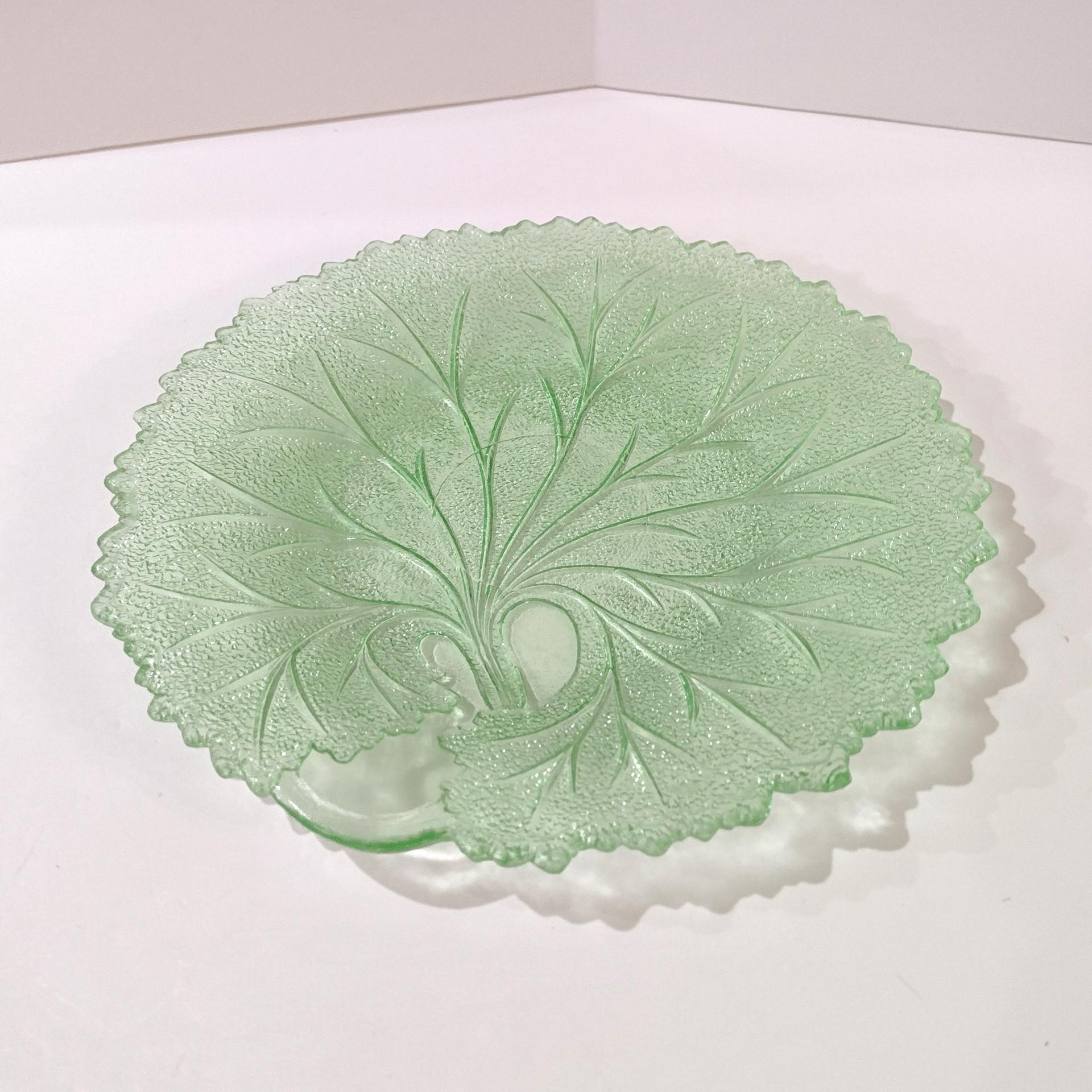 Vintage Indiana Uranium Glass Pebble Leaf Luncheon Salad Plate, Green Depression Glass Plate