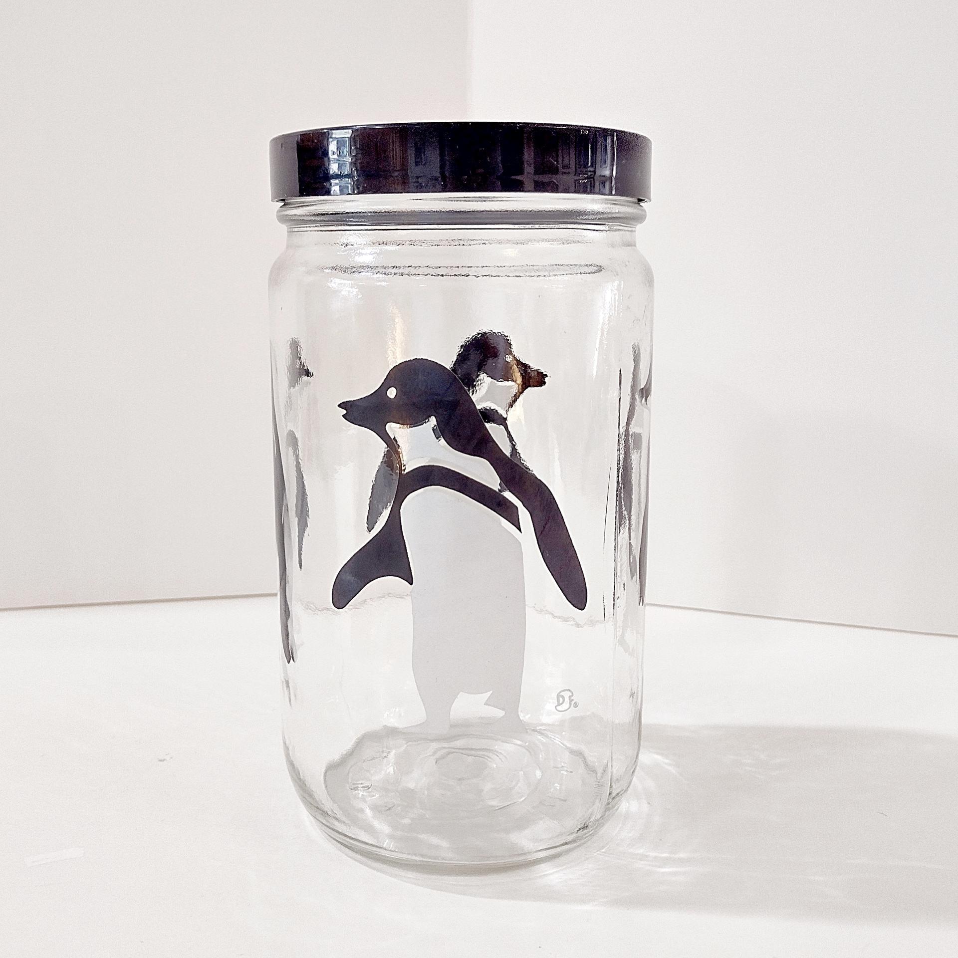 Vintage Black and White Penguin Glass Canister Storage Container