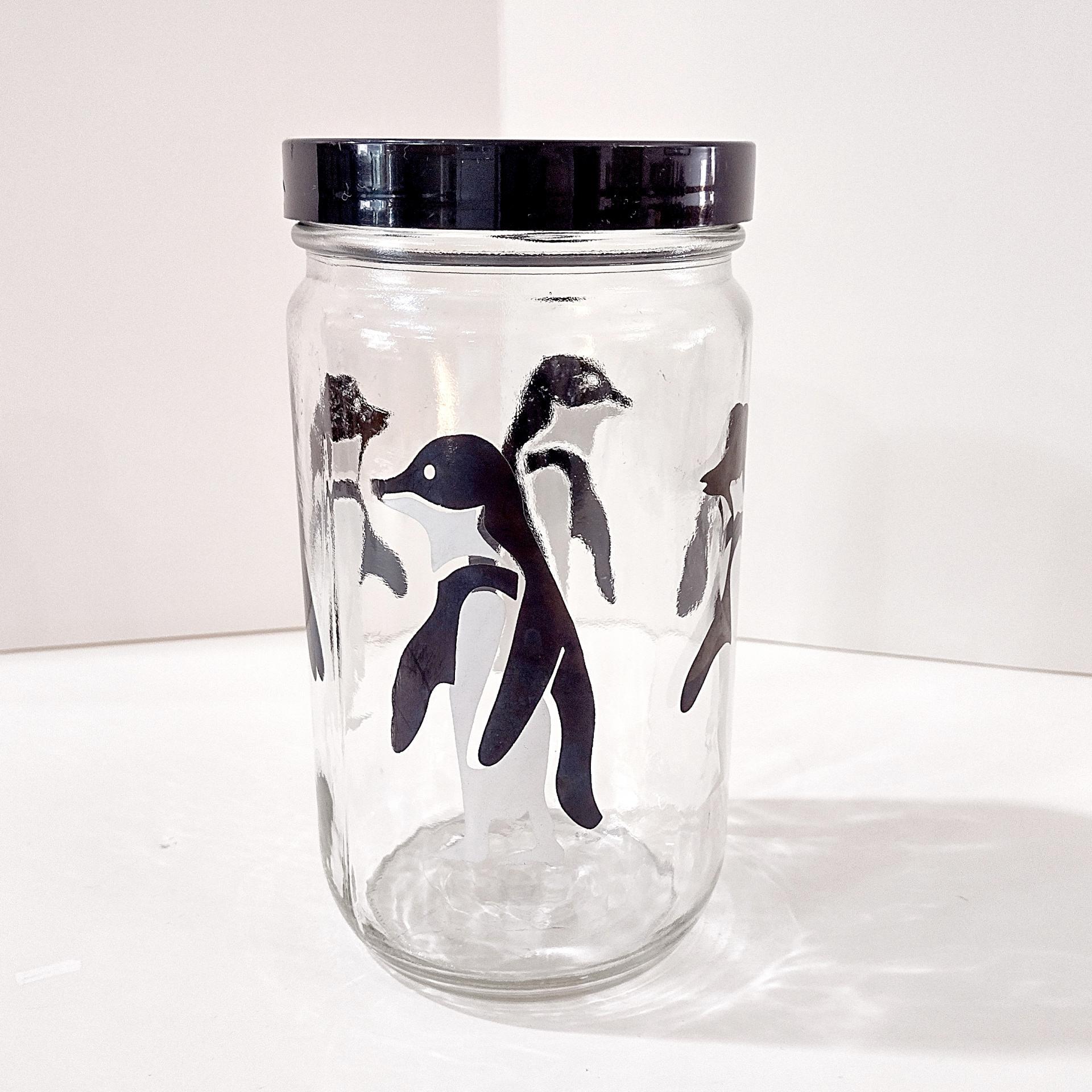 Vintage Black and White Penguin Glass Canister Storage Container