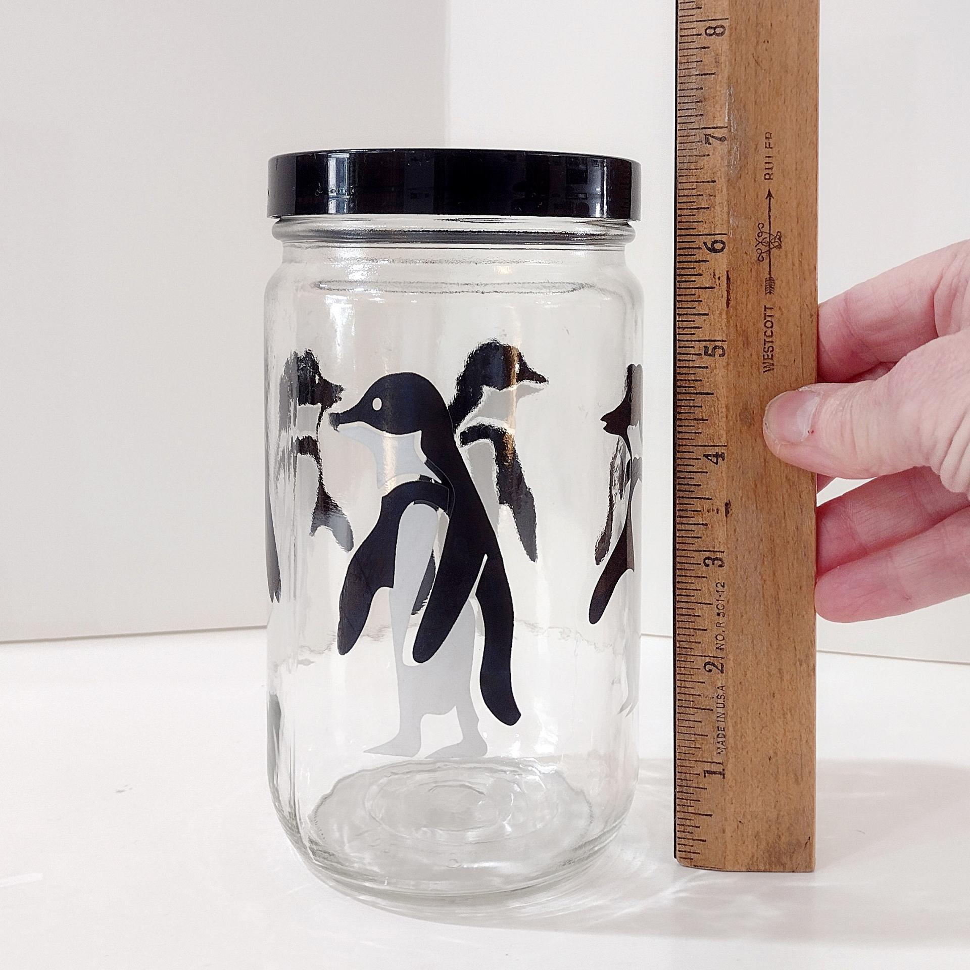 Vintage Black and White Penguin Glass Canister Storage Container