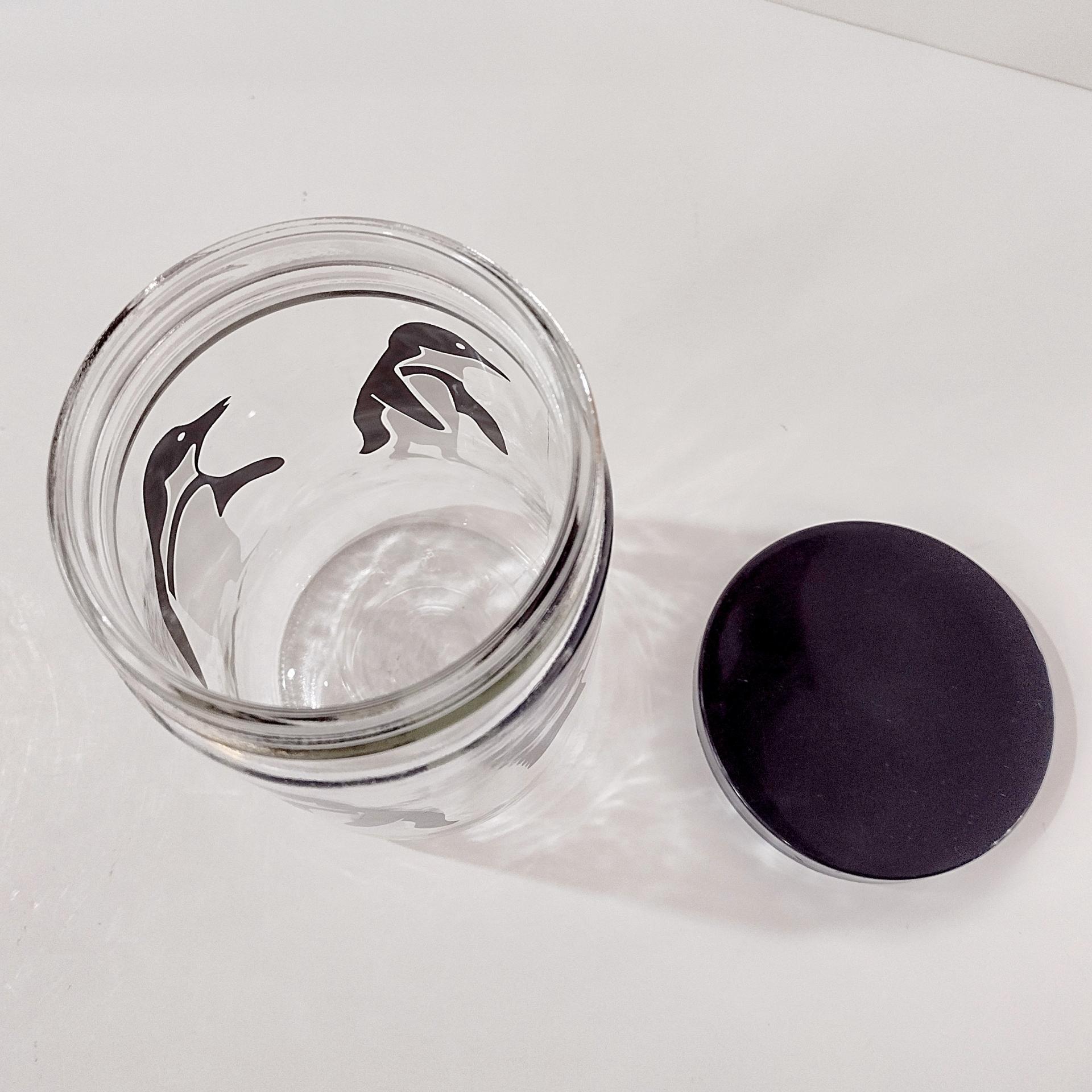 Vintage Black and White Penguin Glass Canister Storage Container