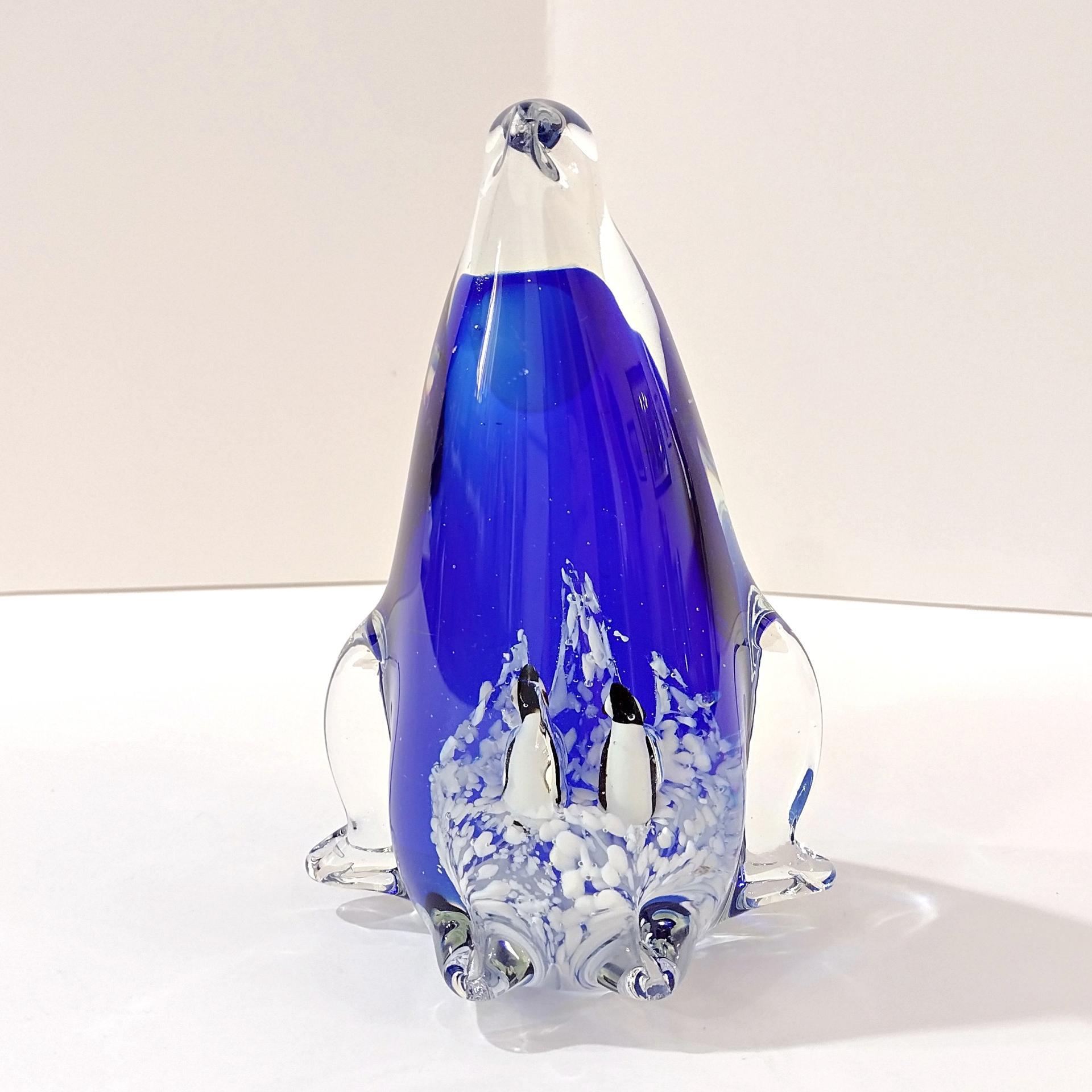 Vintage Penguin with Babies Blown Glass Paperweight, Blue and White Glass Penguin Figurine