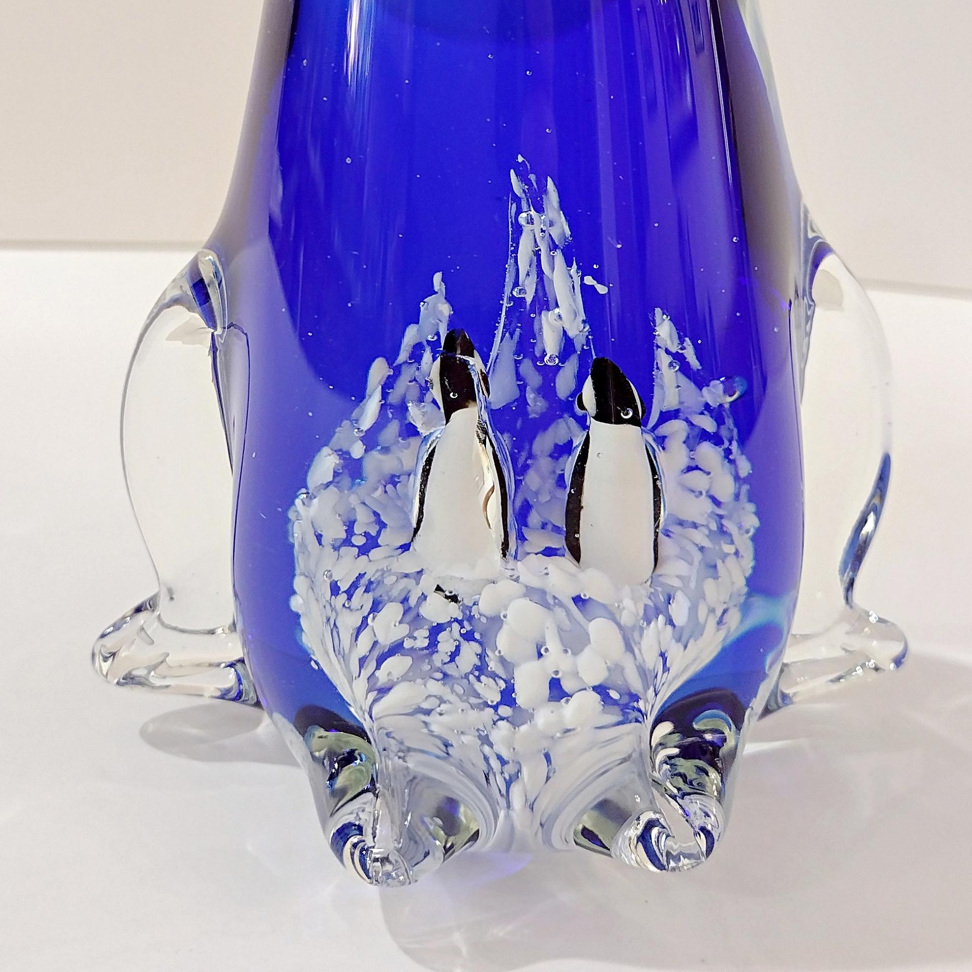 Vintage Penguin with Babies Blown Glass Paperweight, Blue and White Glass Penguin Figurine