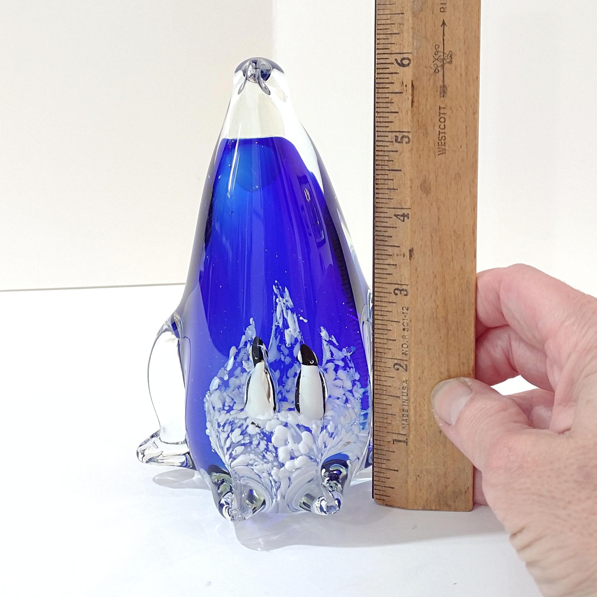 Vintage Penguin with Babies Blown Glass Paperweight, Blue and White Glass Penguin Figurine