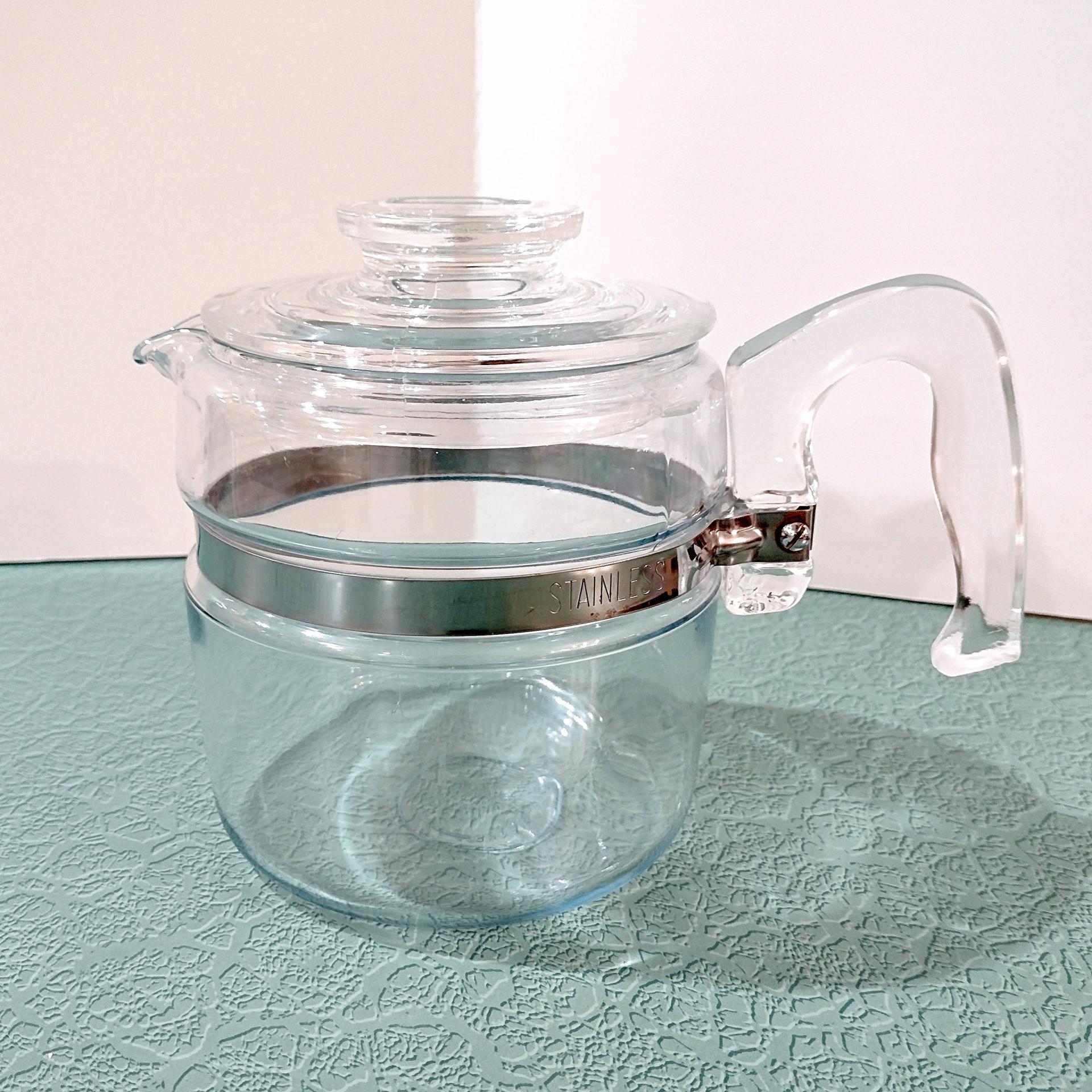 Vintage PYREX Flameware Stovetop Glass Coffee Percolator 4 Cup Carafe with Lid and Handle, Model Pyrex 7754-b