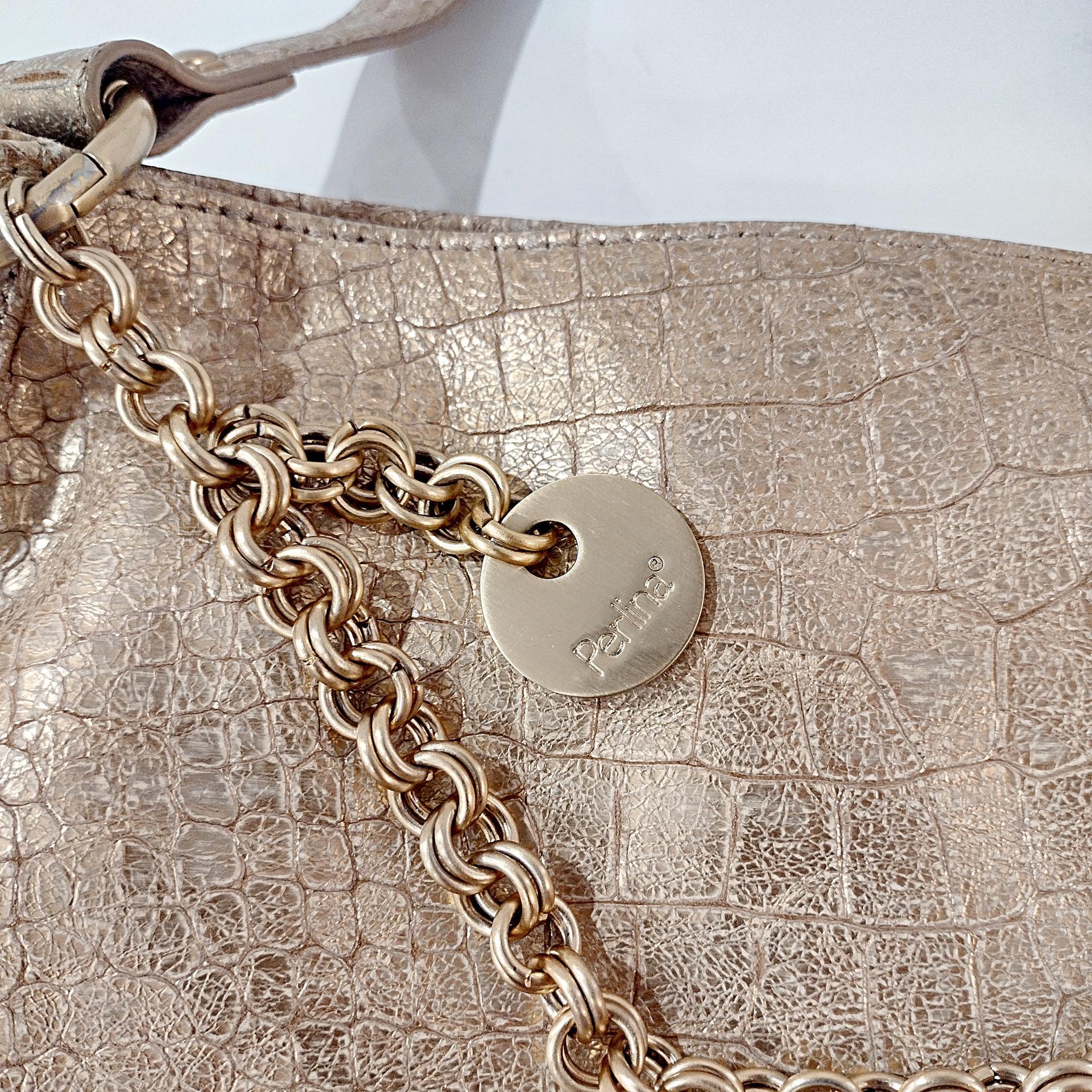 Vintage Perlina Genuine Leather Metallic Gold Reptile Print Handbag Purse with Thick Chain Accent and Shoulder Strap