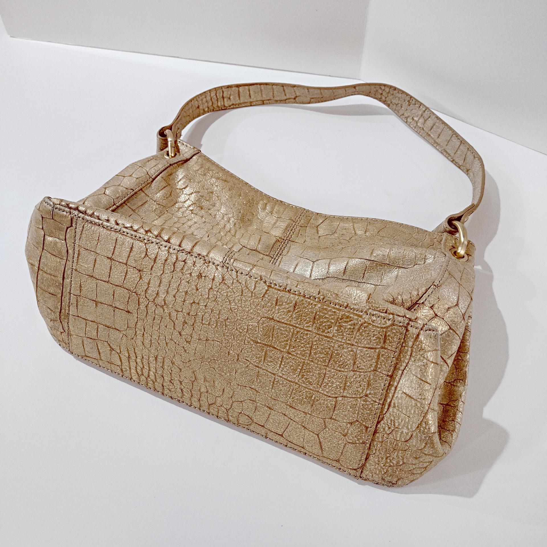 Vintage Perlina Genuine Leather Metallic Gold Reptile Print Handbag Purse with Thick Chain Accent and Shoulder Strap