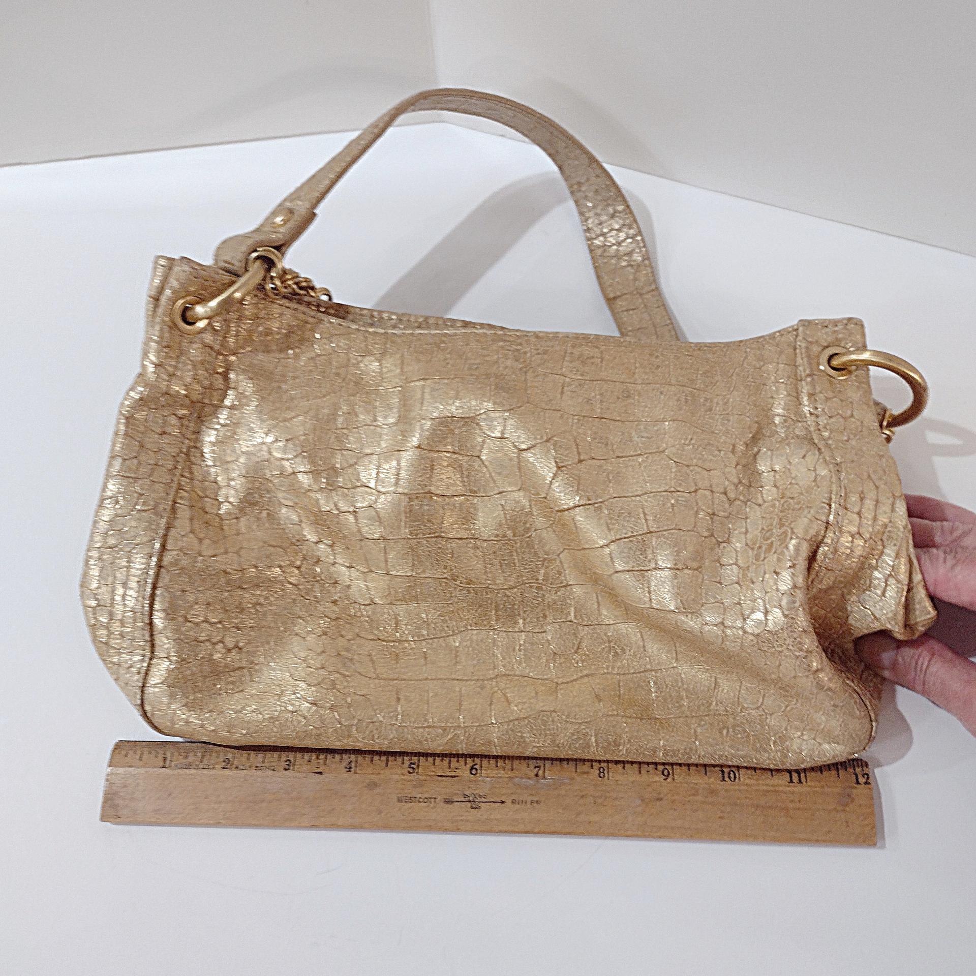 Vintage Perlina Genuine Leather Metallic Gold Reptile Print Handbag Purse with Thick Chain Accent and Shoulder Strap