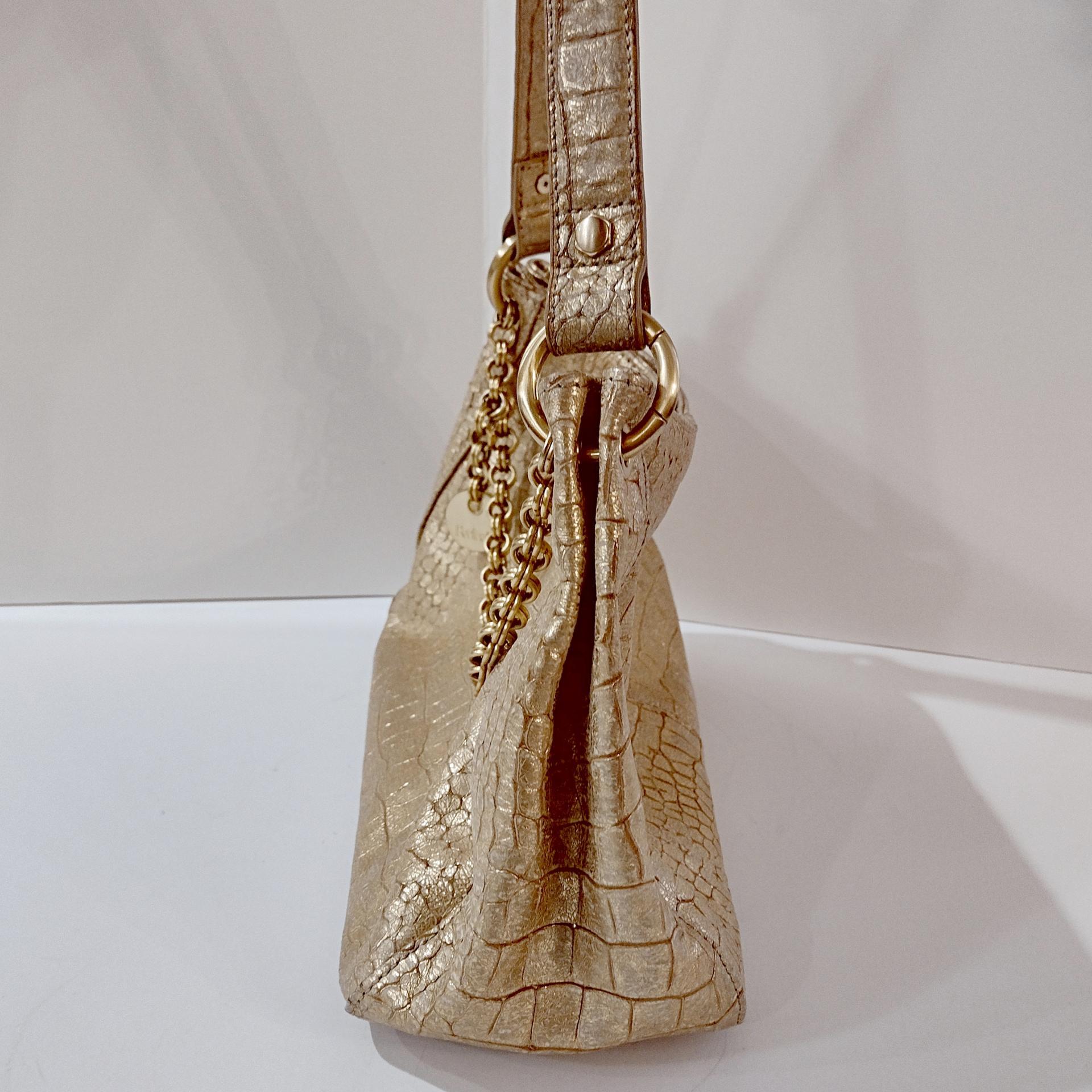 Vintage Perlina Genuine Leather Metallic Gold Reptile Print Handbag Purse with Thick Chain Accent and Shoulder Strap