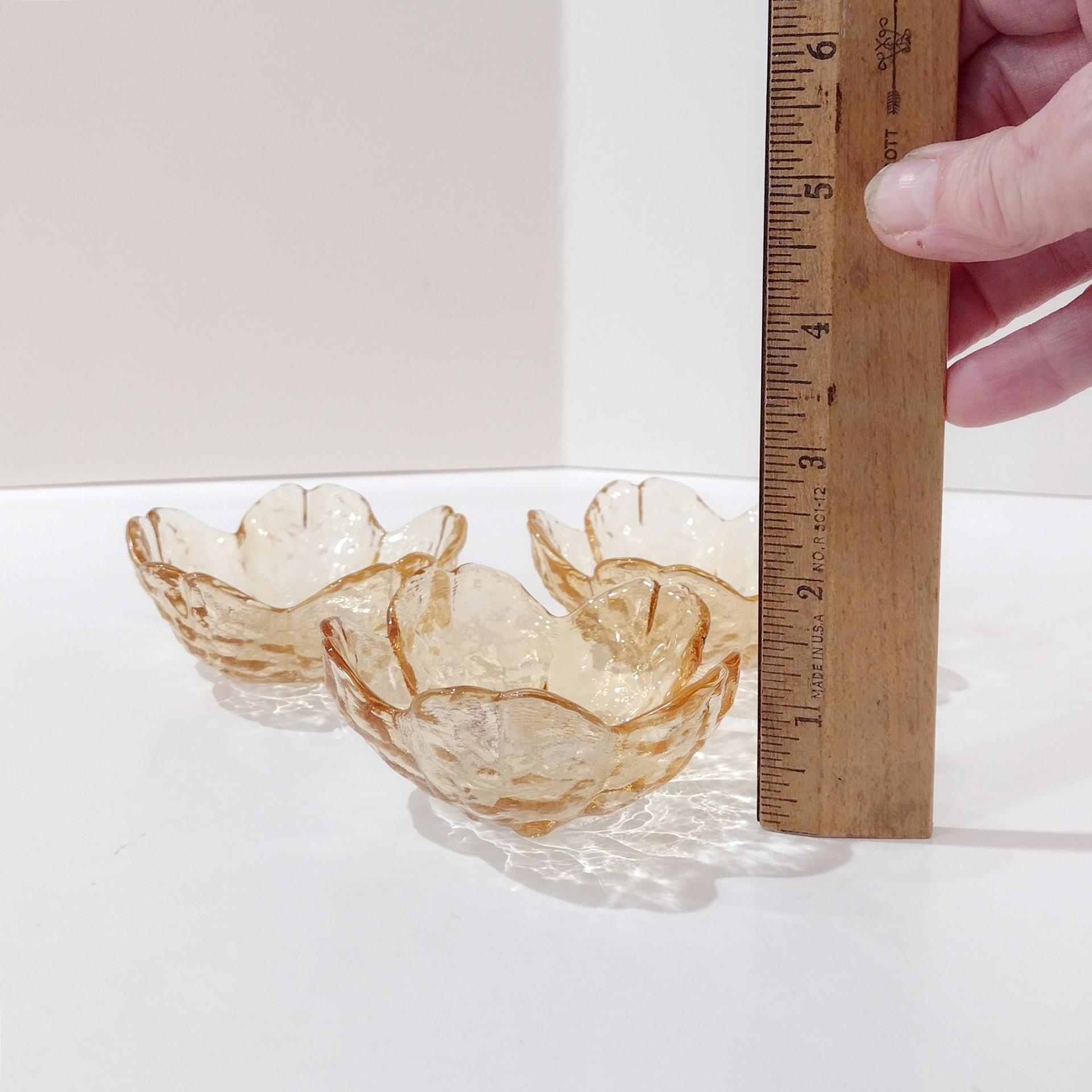 Vintage Amber Flower Petal Mini Sauce Glass Bowls, Set of Three, Small Food Preparation Bowls