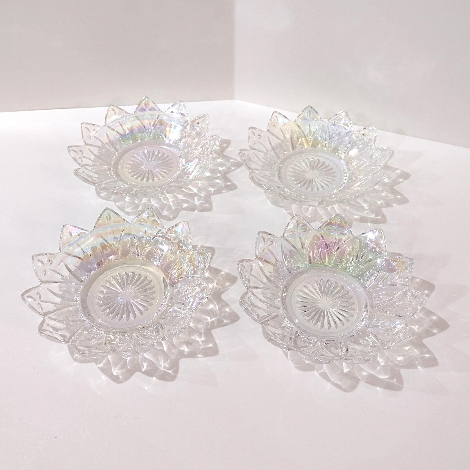 Vintage Federal Glass Petal Iridescent Clear Bowls, Set of Four, Rainbow Iridescent Flower Shaped Dessert Fruit Bowls