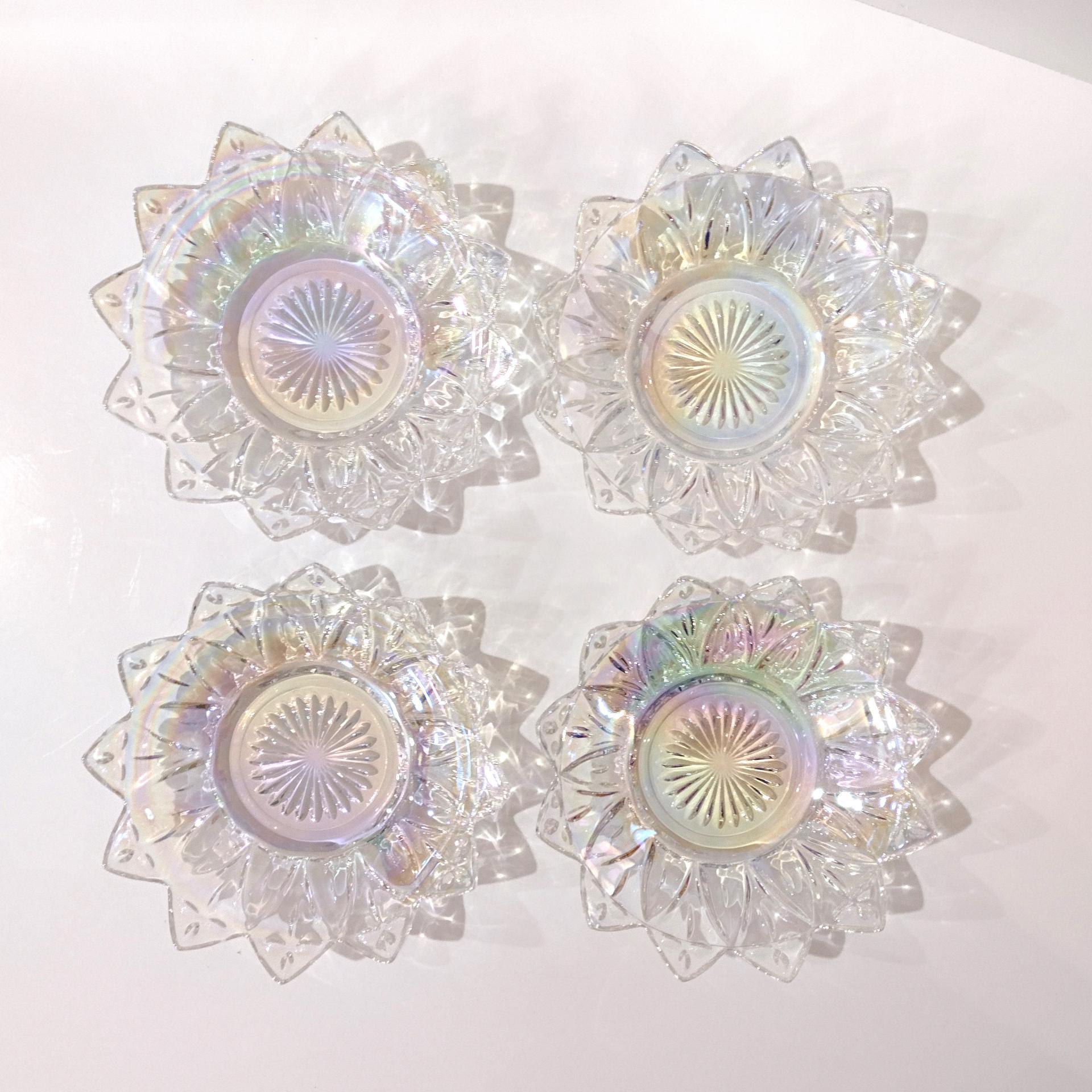 Vintage Federal Glass Petal Iridescent Clear Bowls, Set of Four, Rainbow Iridescent Flower Shaped Dessert Fruit Bowls