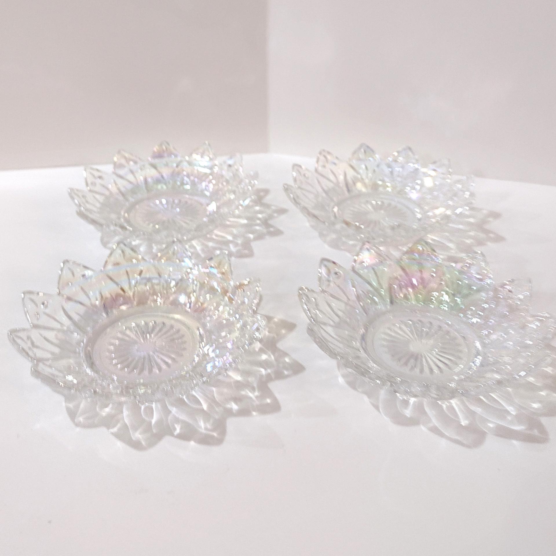 Vintage Federal Glass Petal Iridescent Clear Bowls, Set of Four, Rainbow Iridescent Flower Shaped Dessert Fruit Bowls