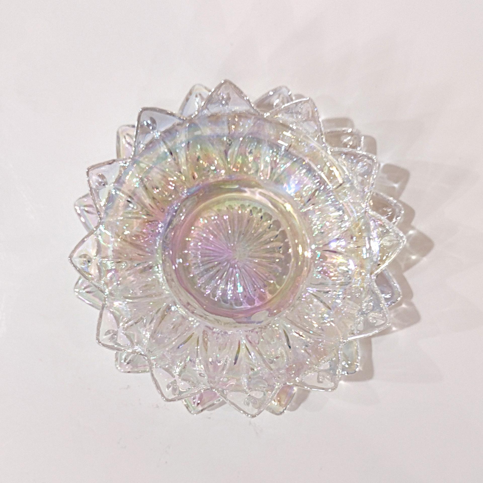 Vintage Federal Glass Petal Iridescent Clear Bowls, Set of Four, Rainbow Iridescent Flower Shaped Dessert Fruit Bowls