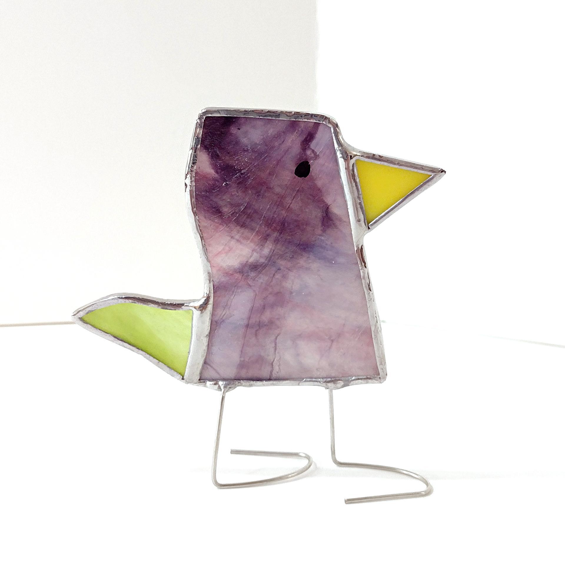 Stained Glass Standing Bird, Funky Glass Bird, Purple and Green Bird Suncatcher, Windowsill Sitter Free Standing Bird