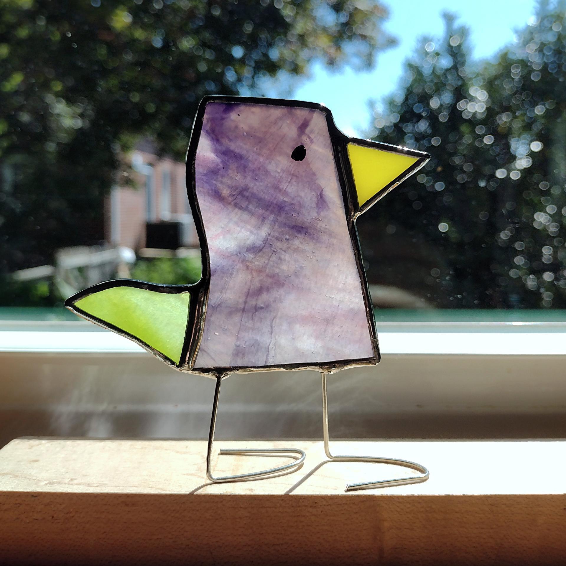 Stained Glass Standing Bird, Funky Glass Bird, Purple and Green Bird Suncatcher, Windowsill Sitter Free Standing Bird