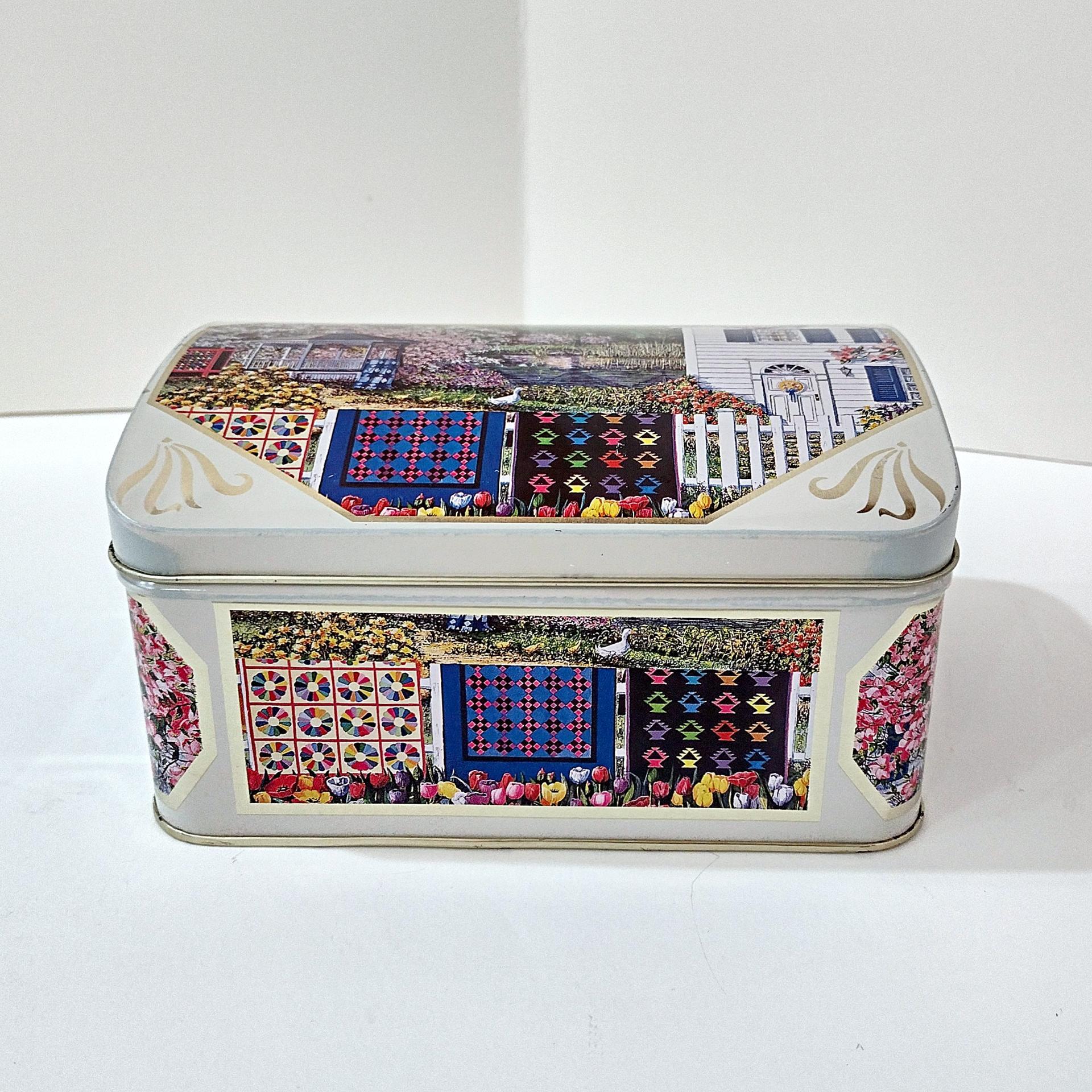 Vintage Diane Phalen Watercolors Spring Garden Amish Quilts Hinged Lid Tin Box, Decorative Metal Storage Container