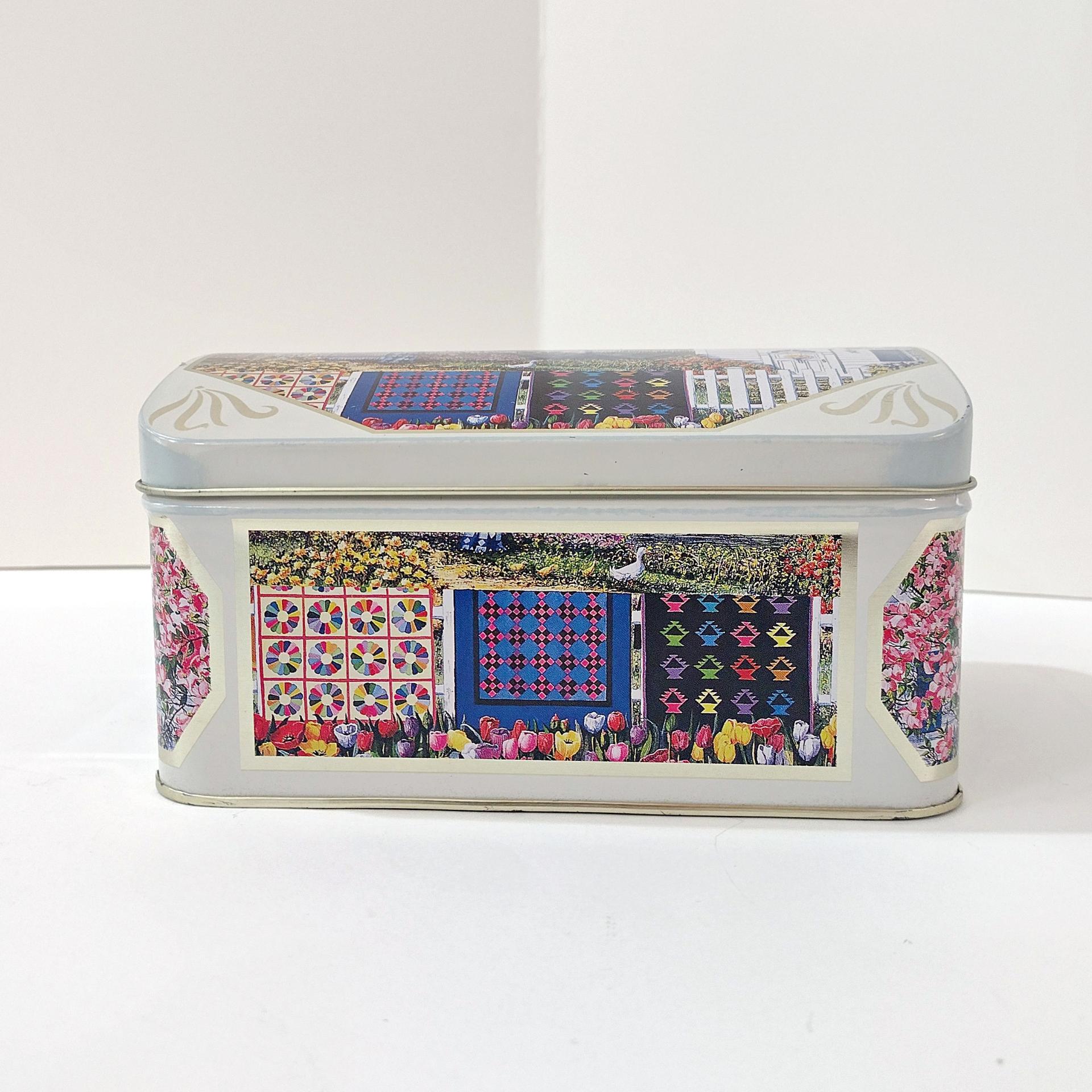 Vintage Diane Phalen Watercolors Spring Garden Amish Quilts Hinged Lid Tin Box, Decorative Metal Storage Container