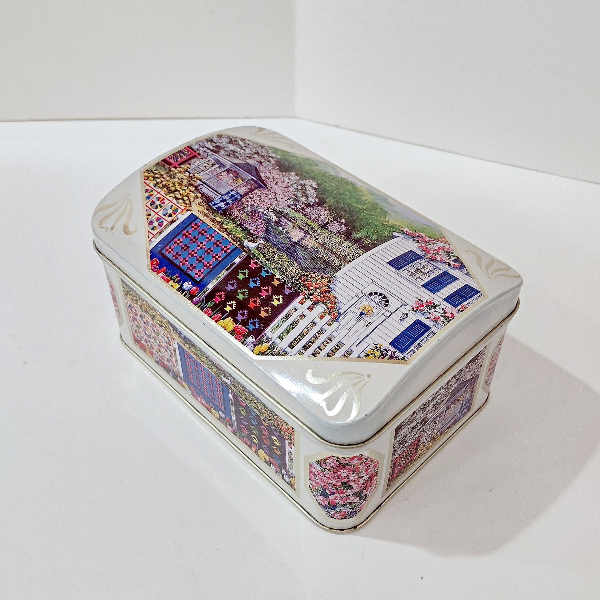 Vintage Diane Phalen Watercolors Spring Garden Amish Quilts Hinged Lid Tin Box, Decorative Metal Storage Container