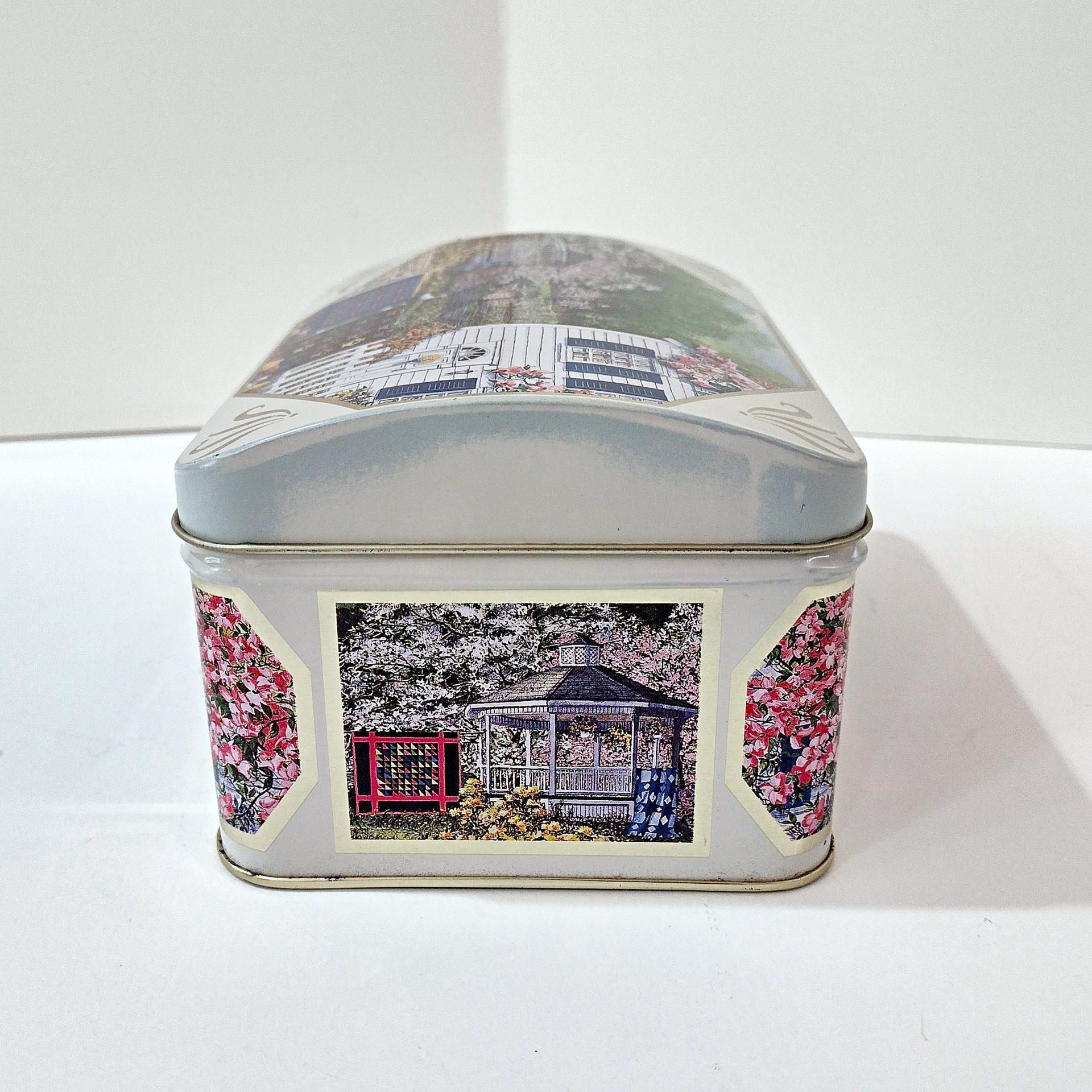 Vintage Diane Phalen Watercolors Spring Garden Amish Quilts Hinged Lid Tin Box, Decorative Metal Storage Container
