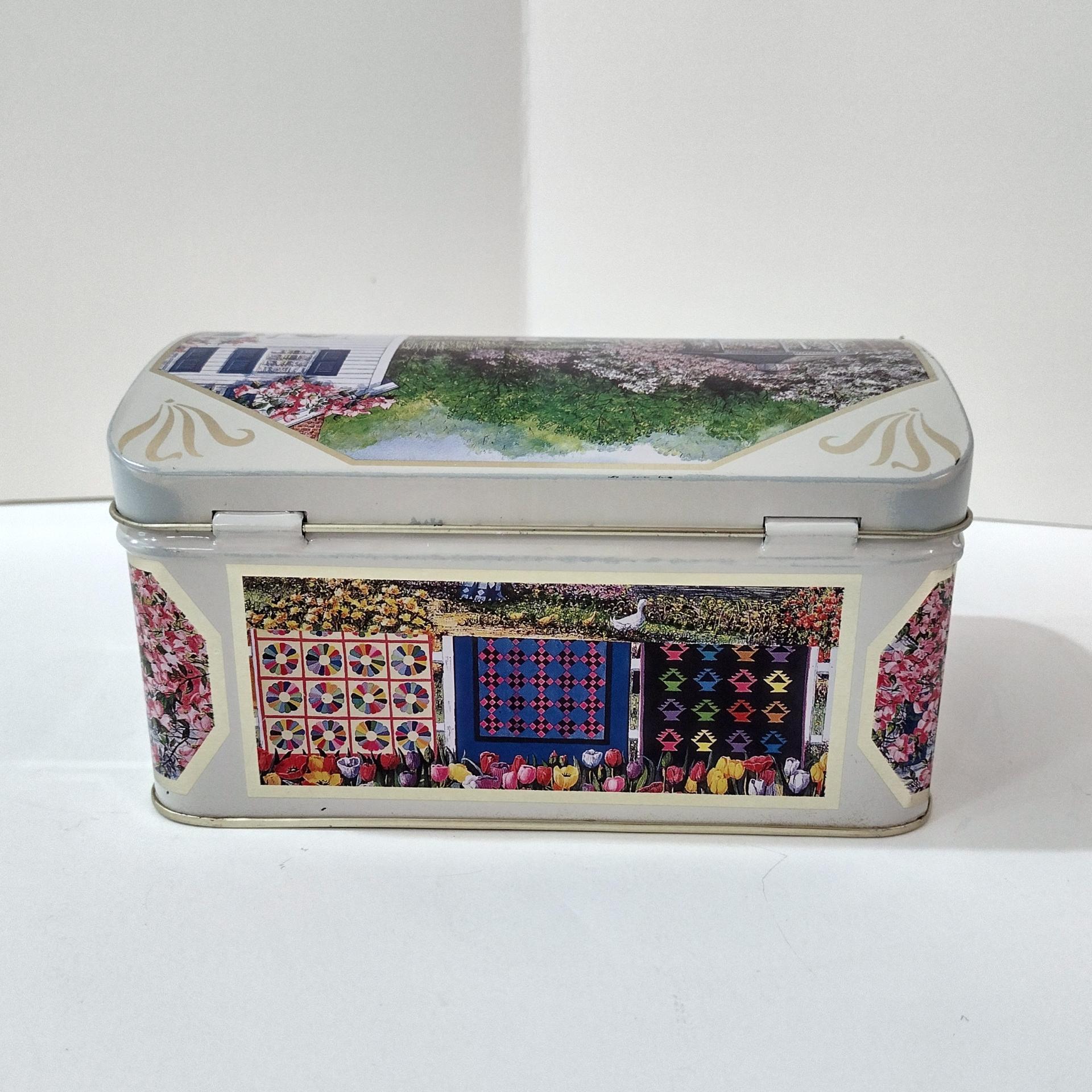Vintage Diane Phalen Watercolors Spring Garden Amish Quilts Hinged Lid Tin Box, Decorative Metal Storage Container