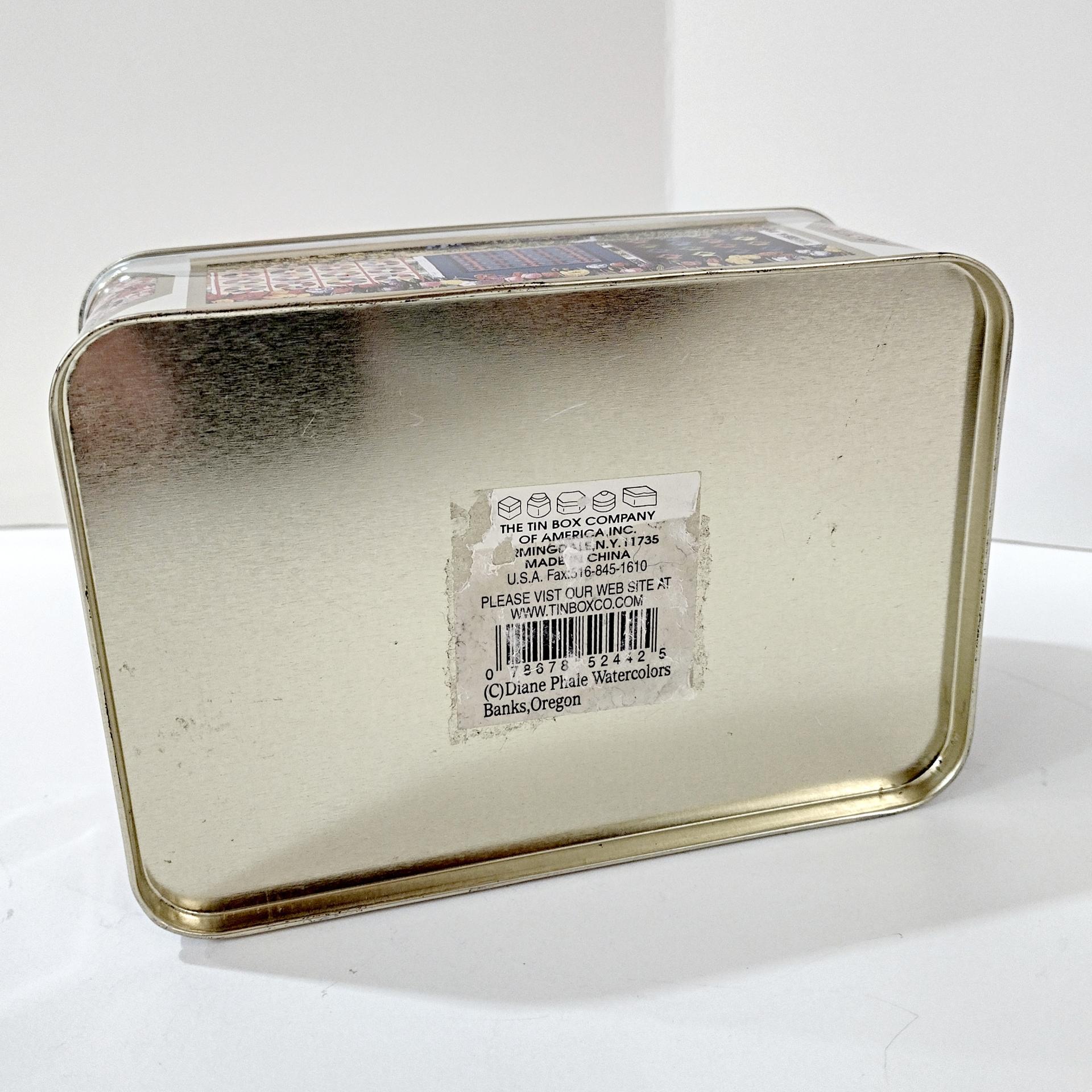 Vintage Diane Phalen Watercolors Spring Garden Amish Quilts Hinged Lid Tin Box, Decorative Metal Storage Container